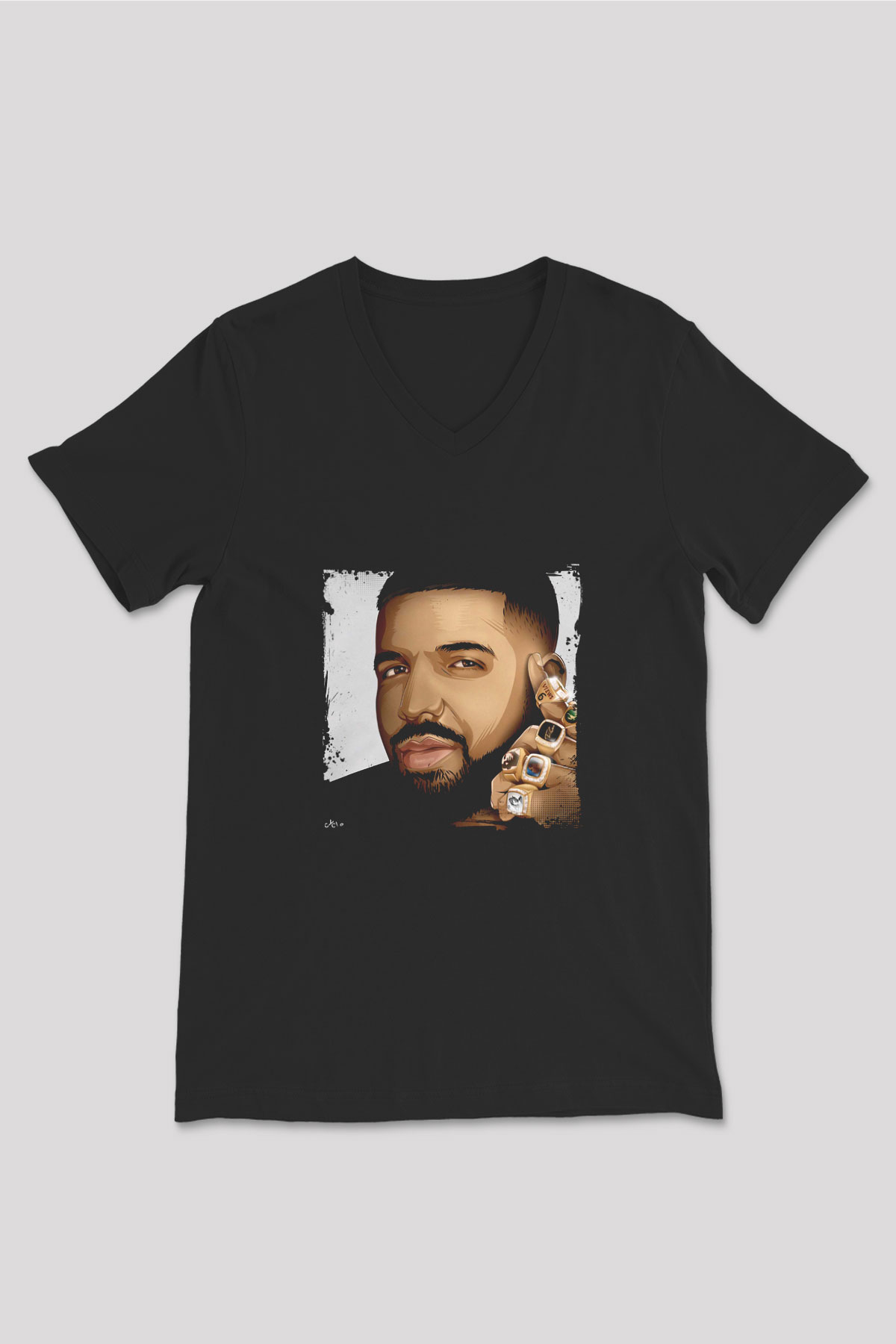 Drake Baskılı Unisex Siyah V Yaka Tişört