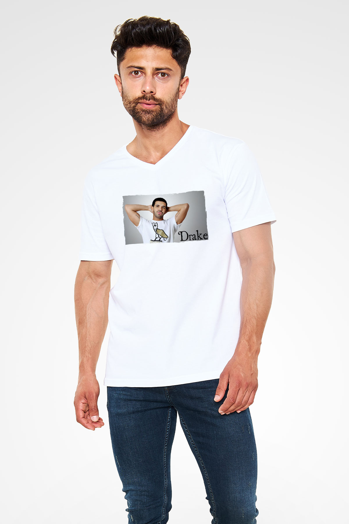 Drake Beyaz Unisex V Yaka Tişört