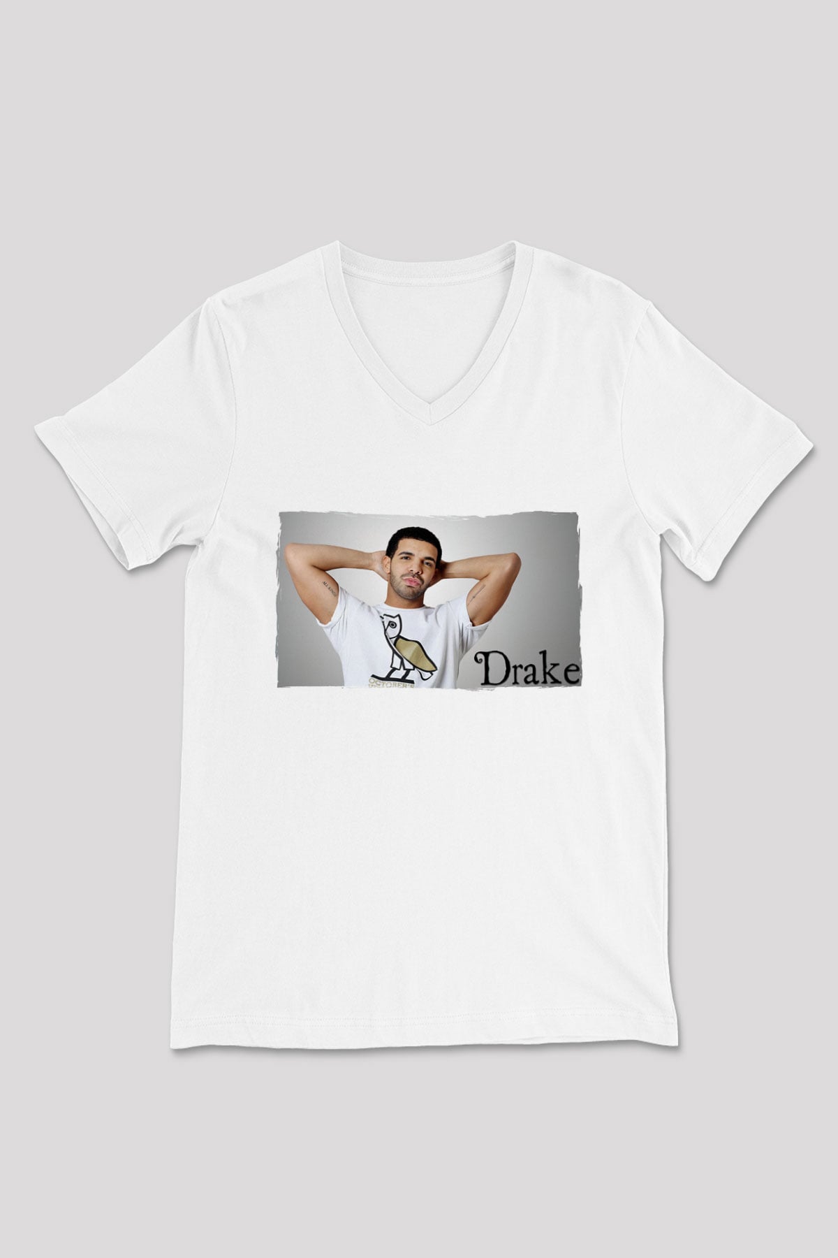 Drake Beyaz Unisex V Yaka Tişört