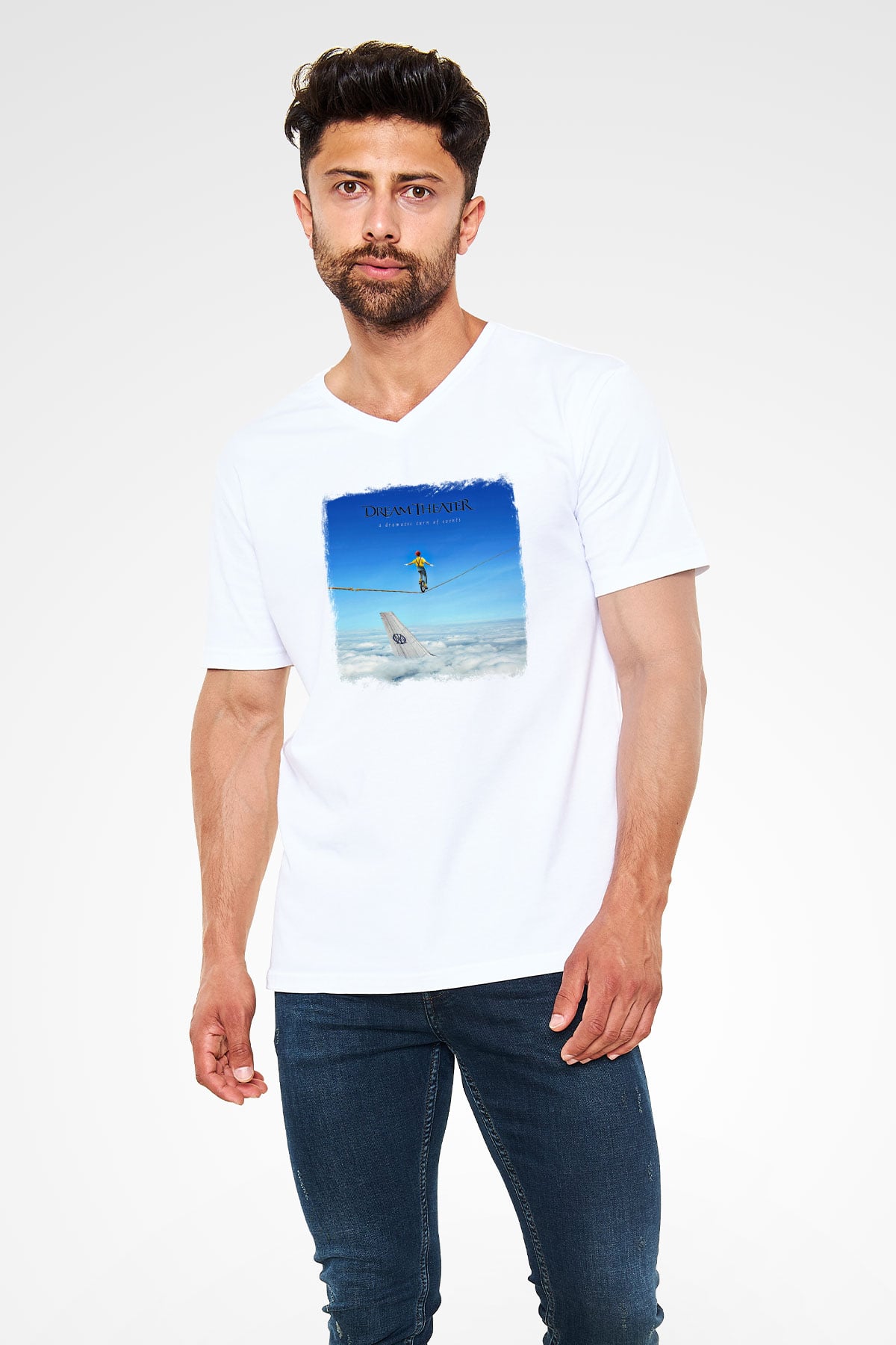 Dream Theater Baskılı Unisex Beyaz V Yaka Tişört