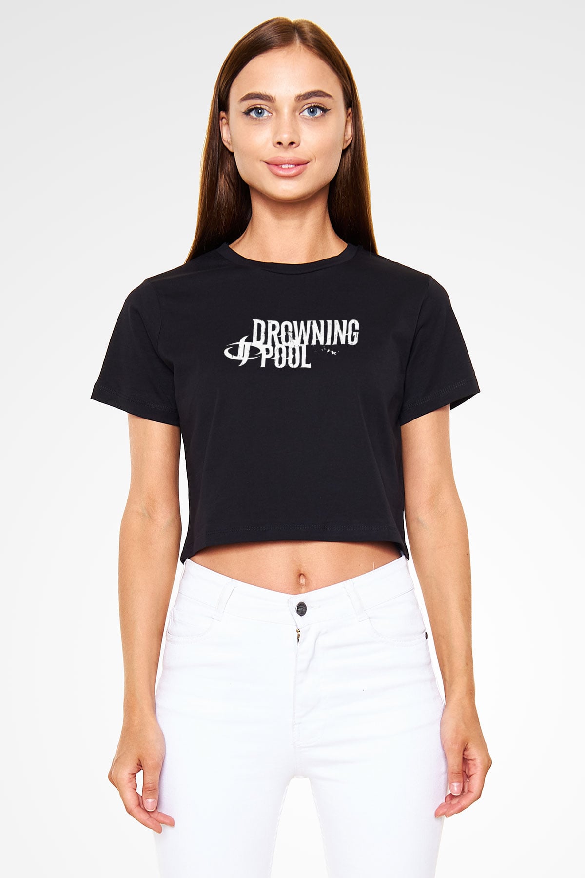 Drowning Pool Baskılı Siyah Crop Top Kadın Tişört - Tshirt