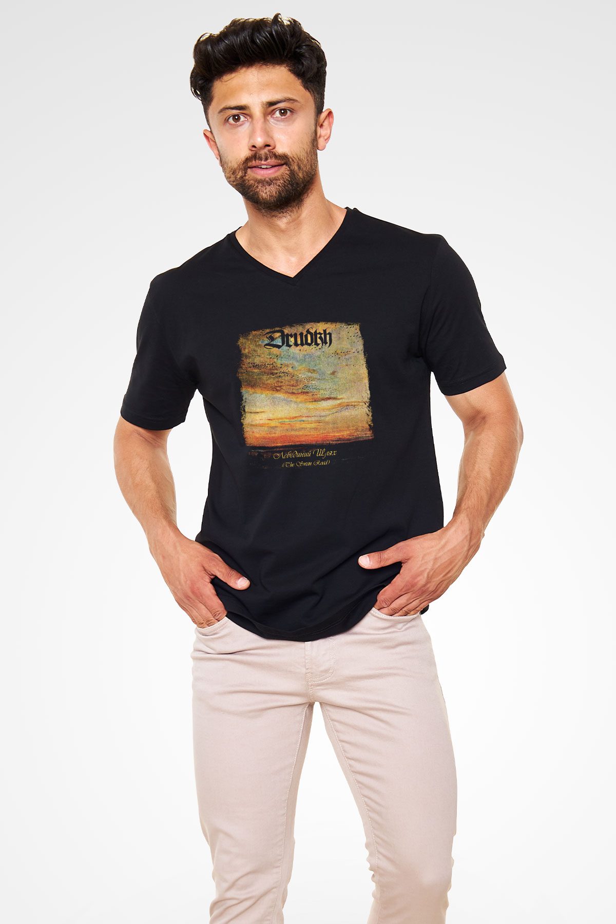 Drudkh Baskılı Unisex Siyah V Yaka Tişört