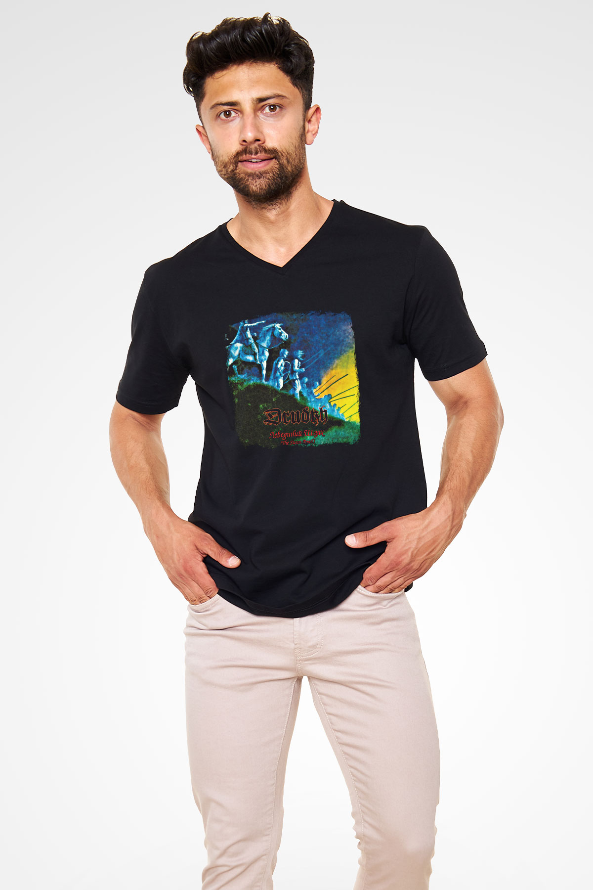 Drudkh Baskılı Unisex Siyah V Yaka Tişört