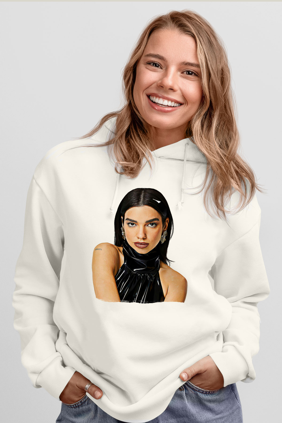 Dua Lipa Baskılı Beyaz Unisex Kapüşonlu Sweatshirt