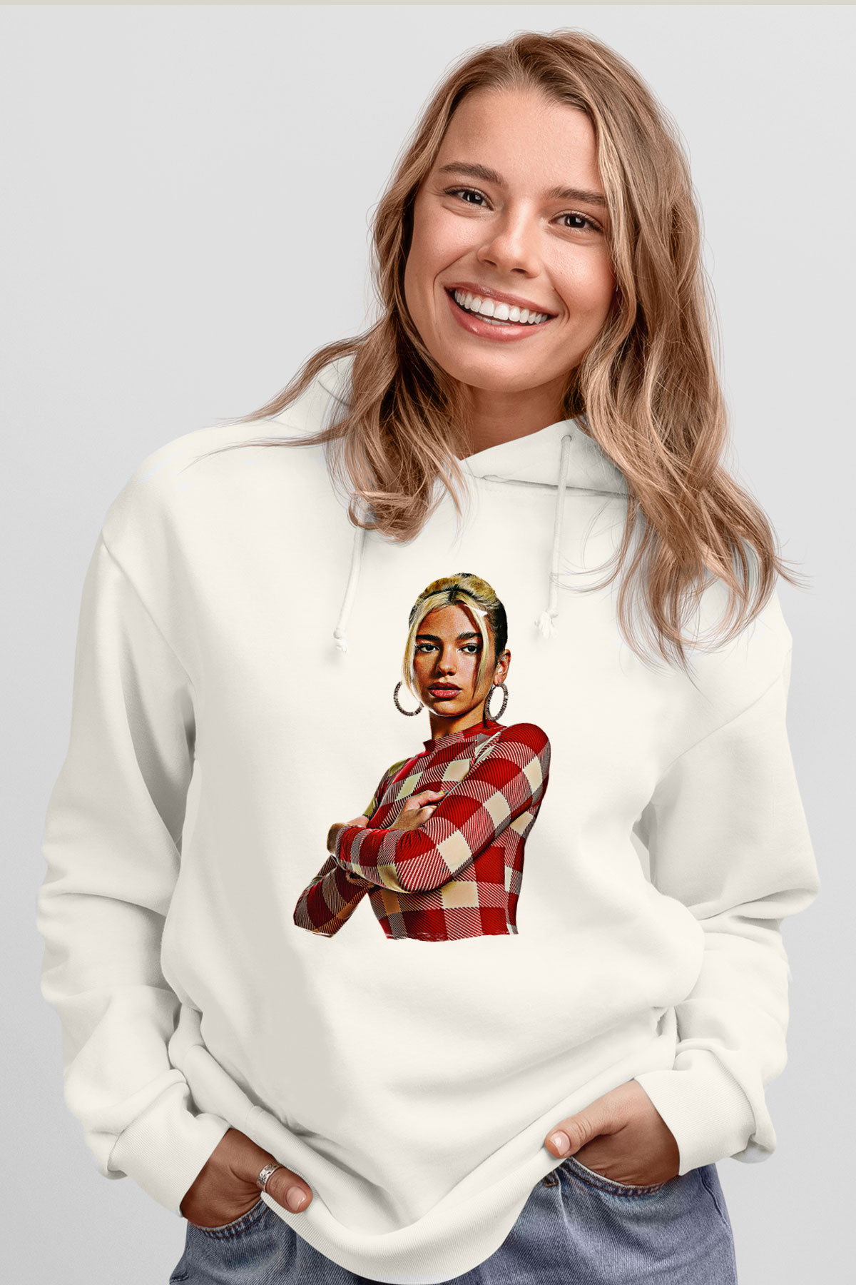 Dua Lipa Baskılı Beyaz Unisex Kapüşonlu Sweatshirt