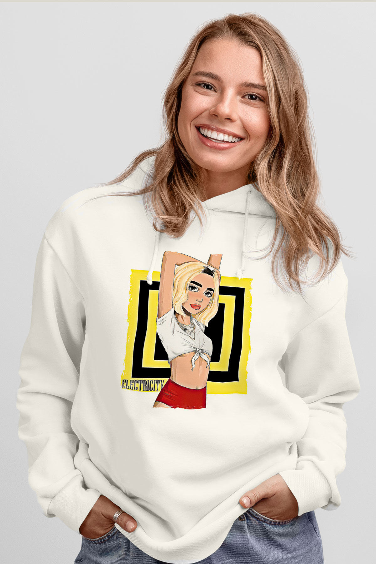 Dua Lipa Baskılı Beyaz Unisex Kapüşonlu Sweatshirt