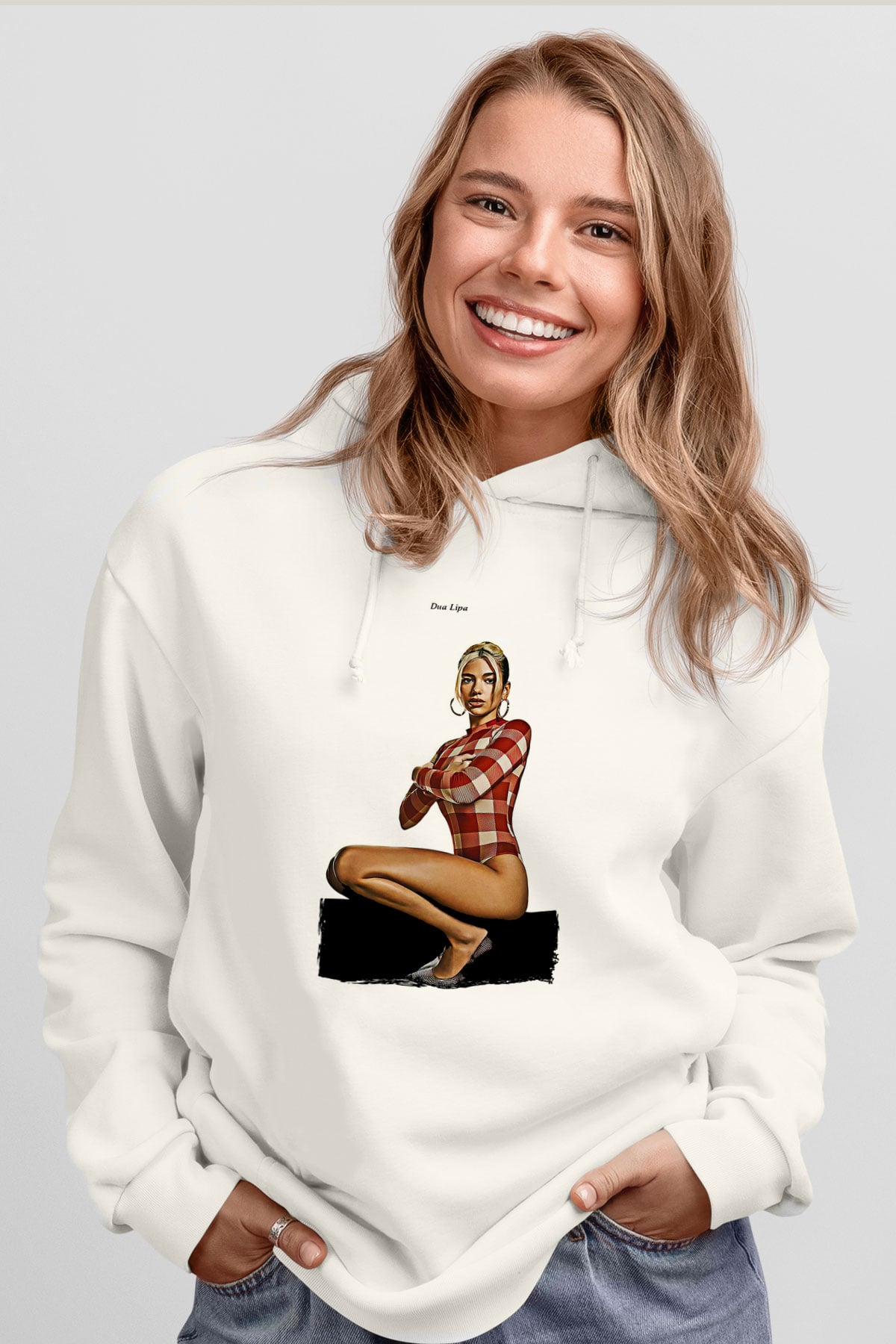 Dua Lipa Baskılı Beyaz Unisex Kapüşonlu Sweatshirt