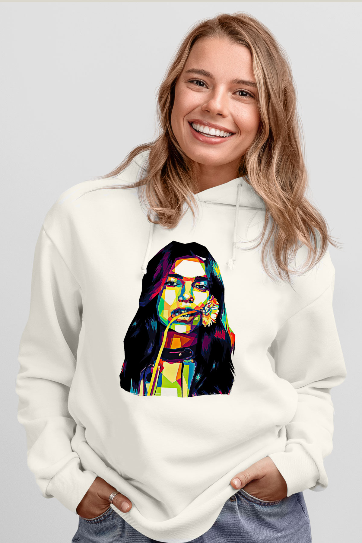 Dua Lipa Baskılı Beyaz Unisex Kapüşonlu Sweatshirt