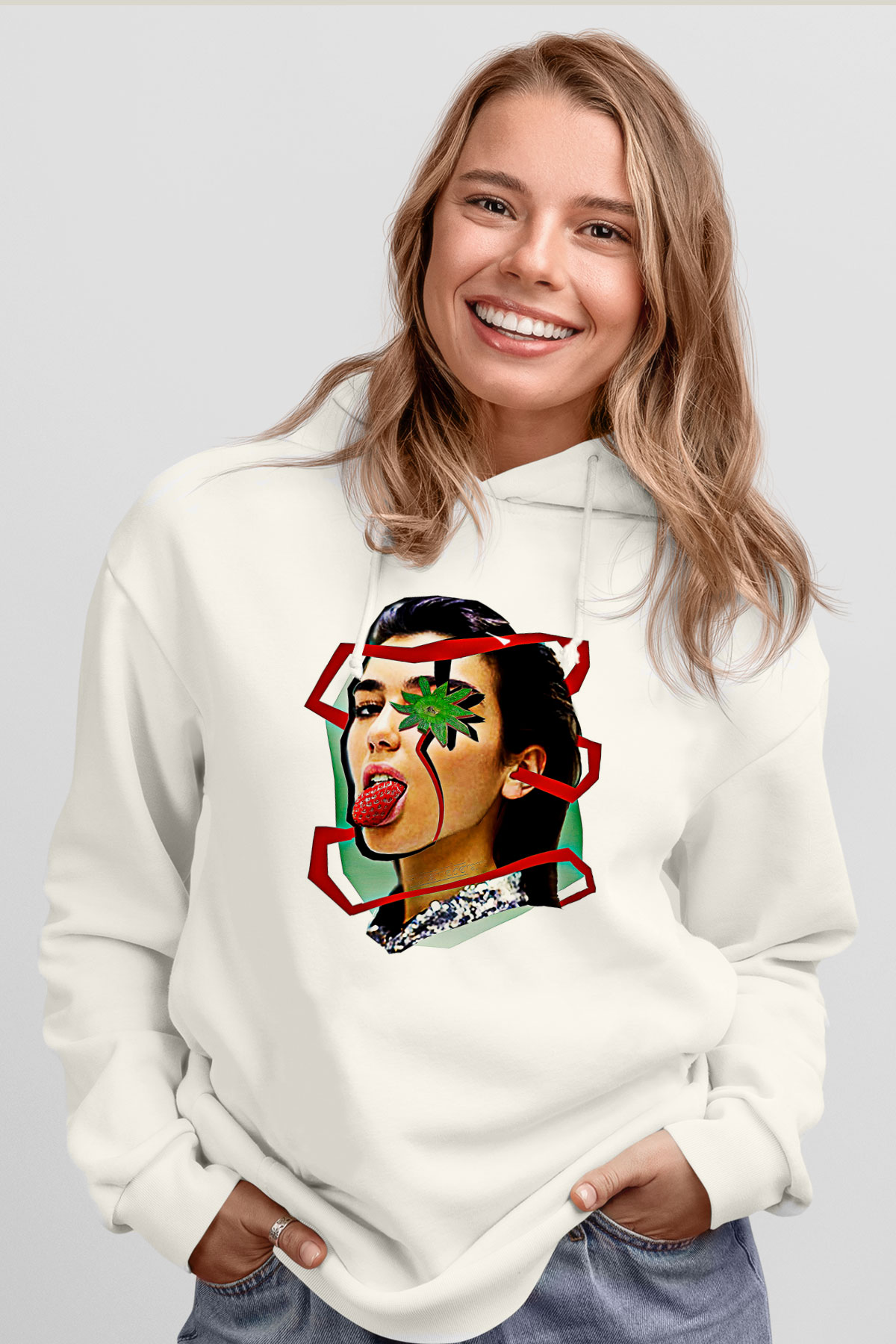 Dua Lipa Baskılı Beyaz Unisex Kapüşonlu Sweatshirt