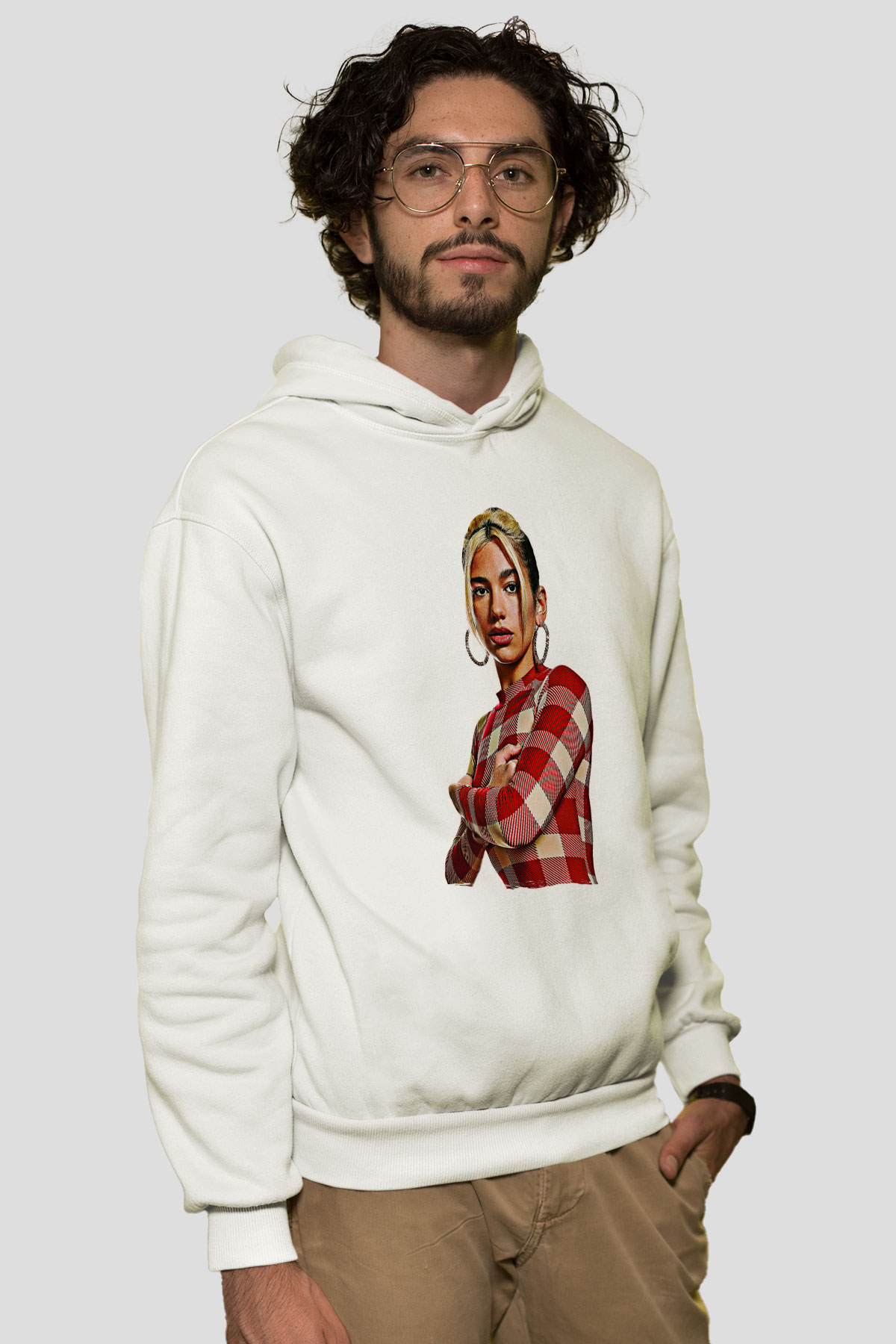 Dua Lipa Baskılı Beyaz Unisex Kapüşonlu Sweatshirt
