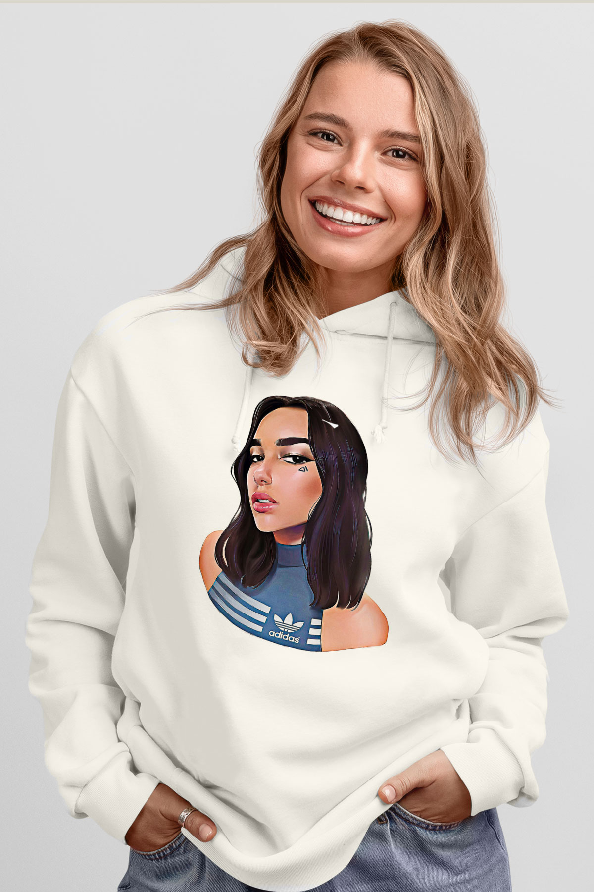 Dua Lipa Baskılı Beyaz Unisex Kapüşonlu Sweatshirt