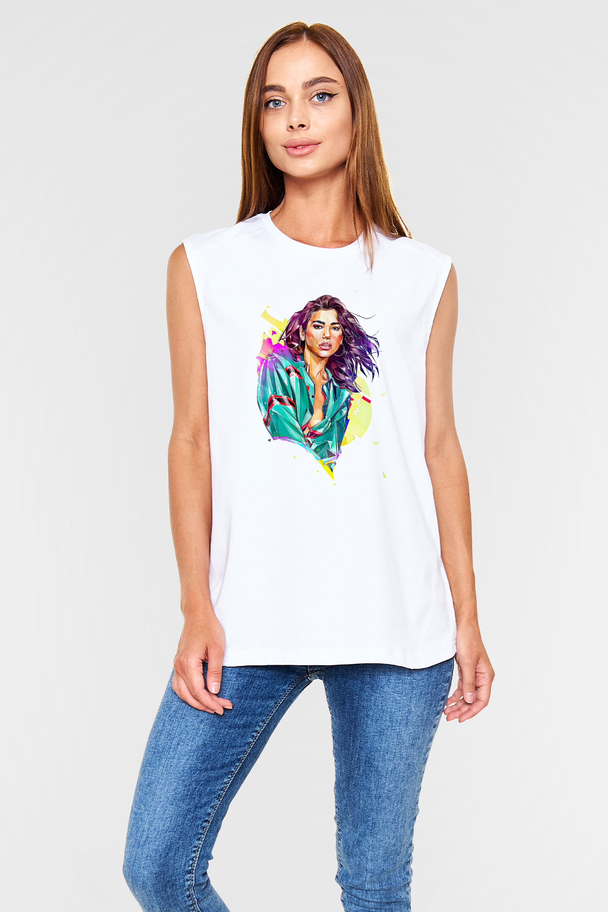 Dua Lipa Baskılı Beyaz Unisex Kolsuz Tişört - Tshirt
