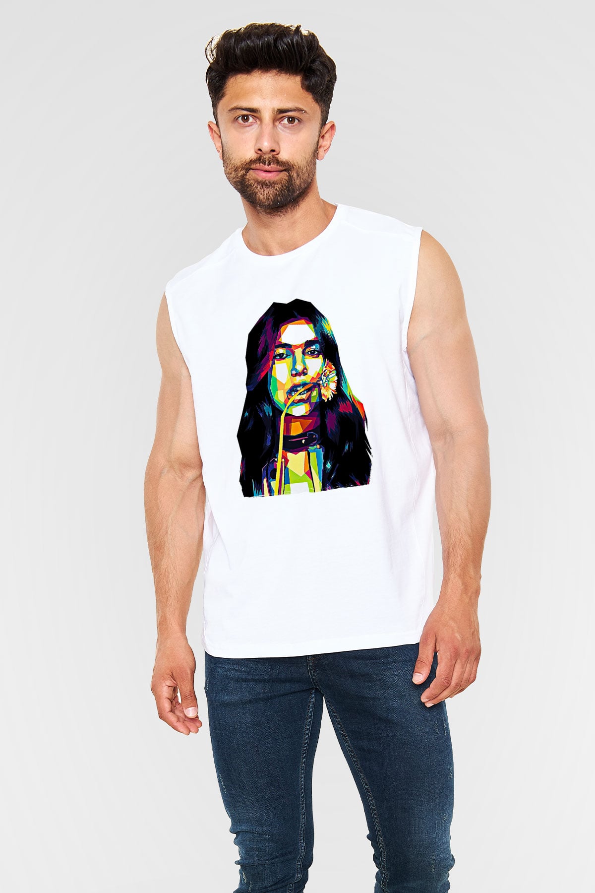 Dua Lipa Baskılı Beyaz Unisex Kolsuz Tişört - Tshirt