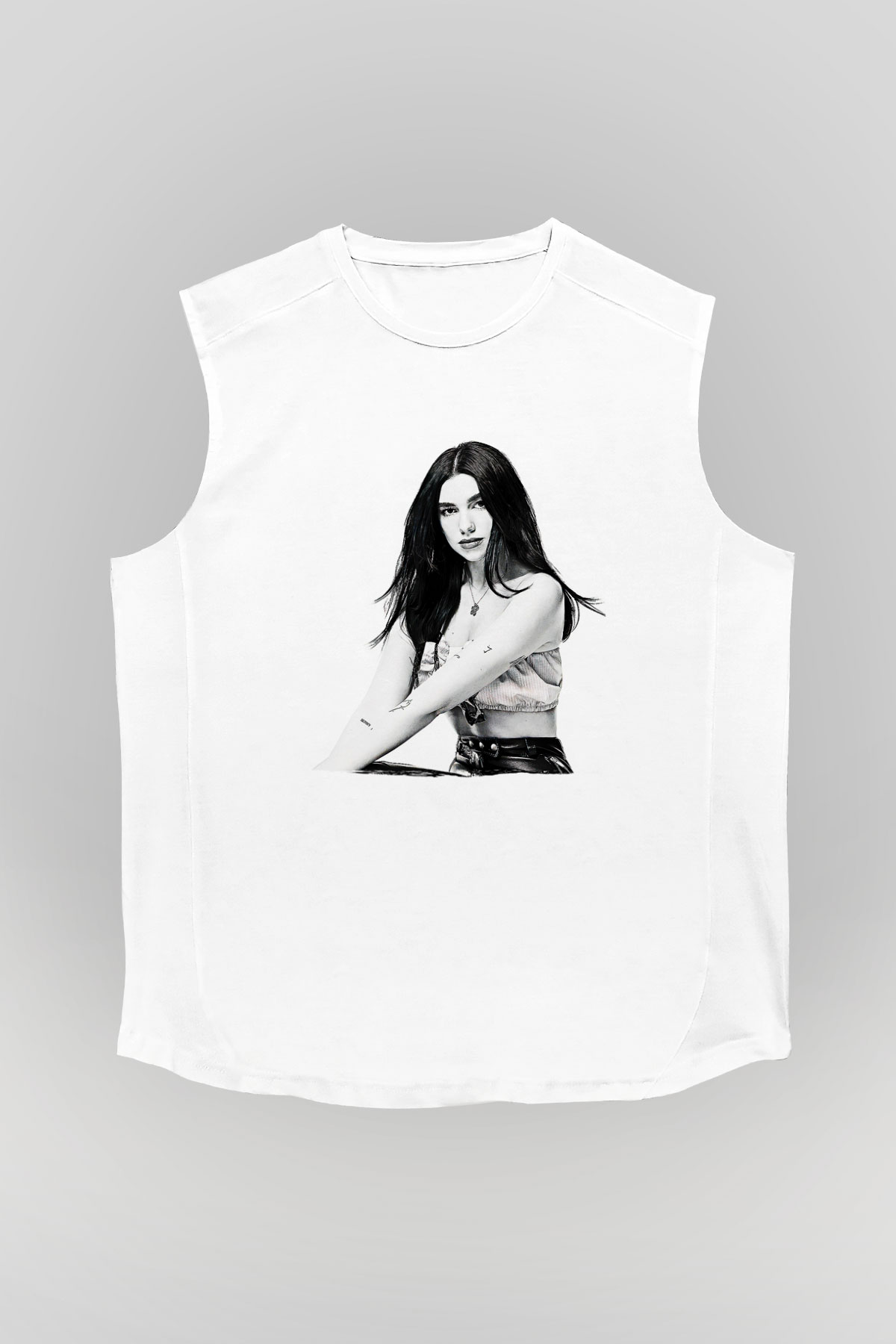 Dua Lipa Baskılı Beyaz Unisex Kolsuz Tişört - Tshirt