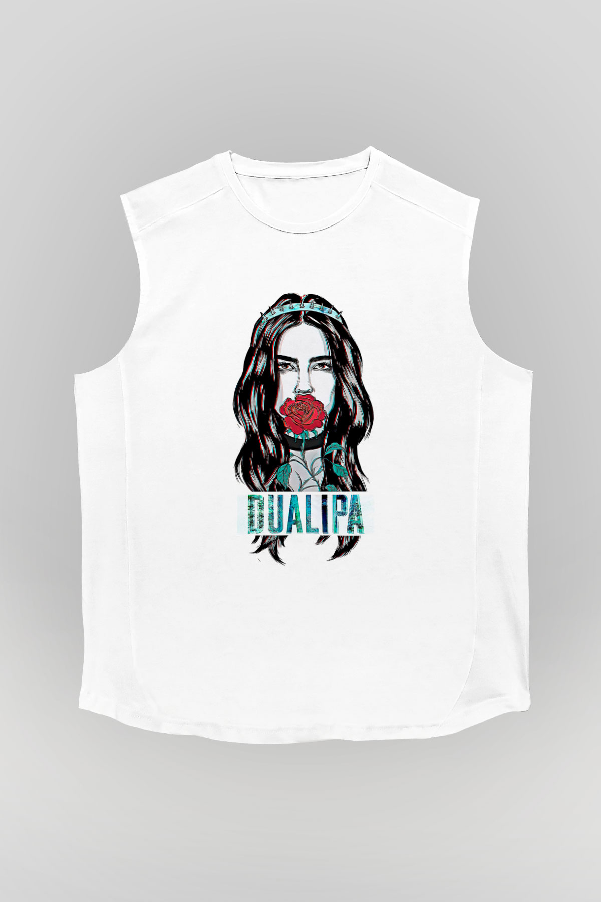 Dua Lipa Baskılı Beyaz Unisex Kolsuz Tişört - Tshirt
