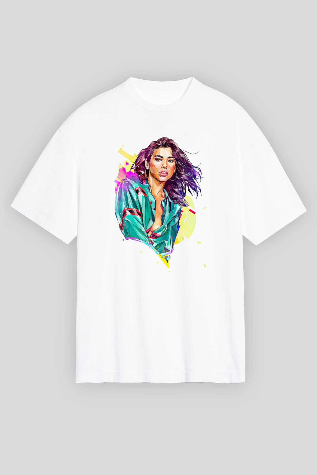 Dua Lipa Baskılı Beyaz Unisex Oversize Tişört - Tshirt