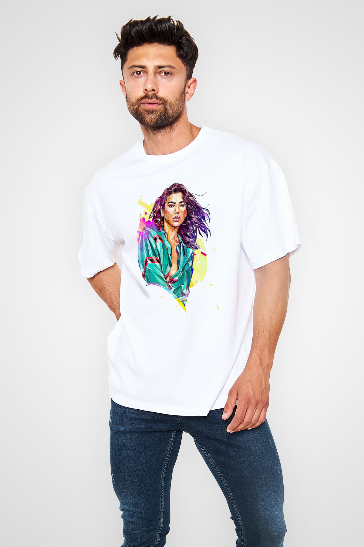 Dua Lipa Baskılı Beyaz Unisex Oversize Tişört - Tshirt