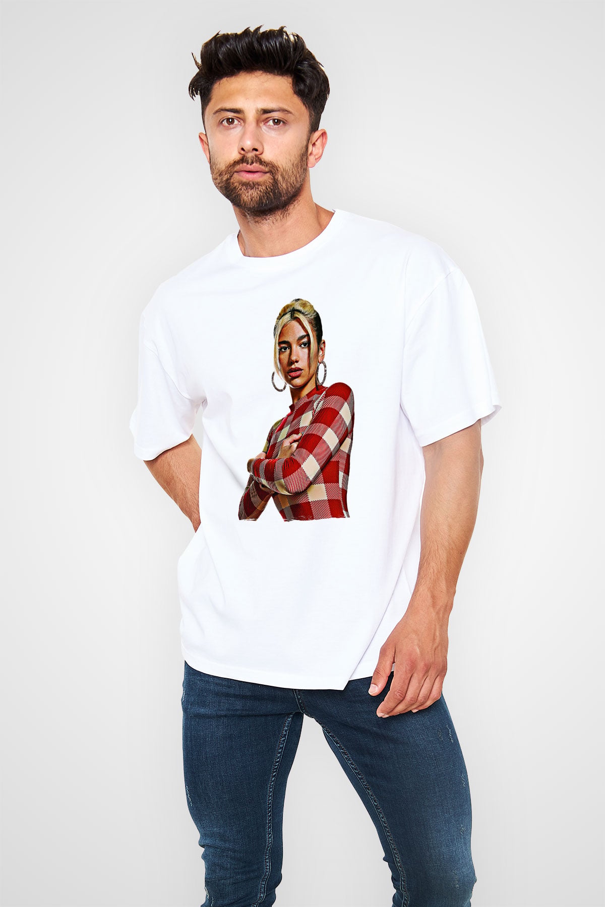 Dua Lipa Baskılı Beyaz Unisex Oversize Tişört - Tshirt