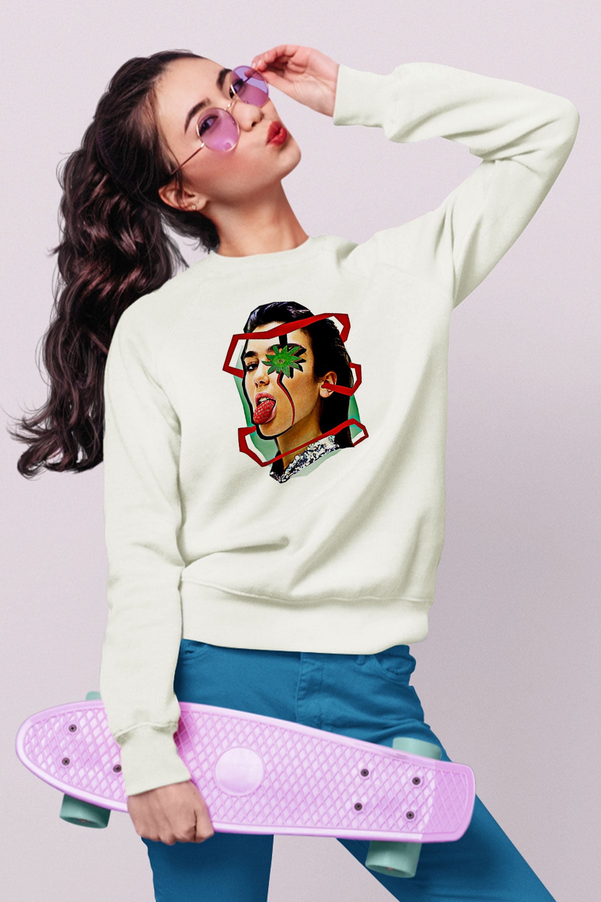Dua Lipa Baskılı Beyaz Unisex Sweatshirt