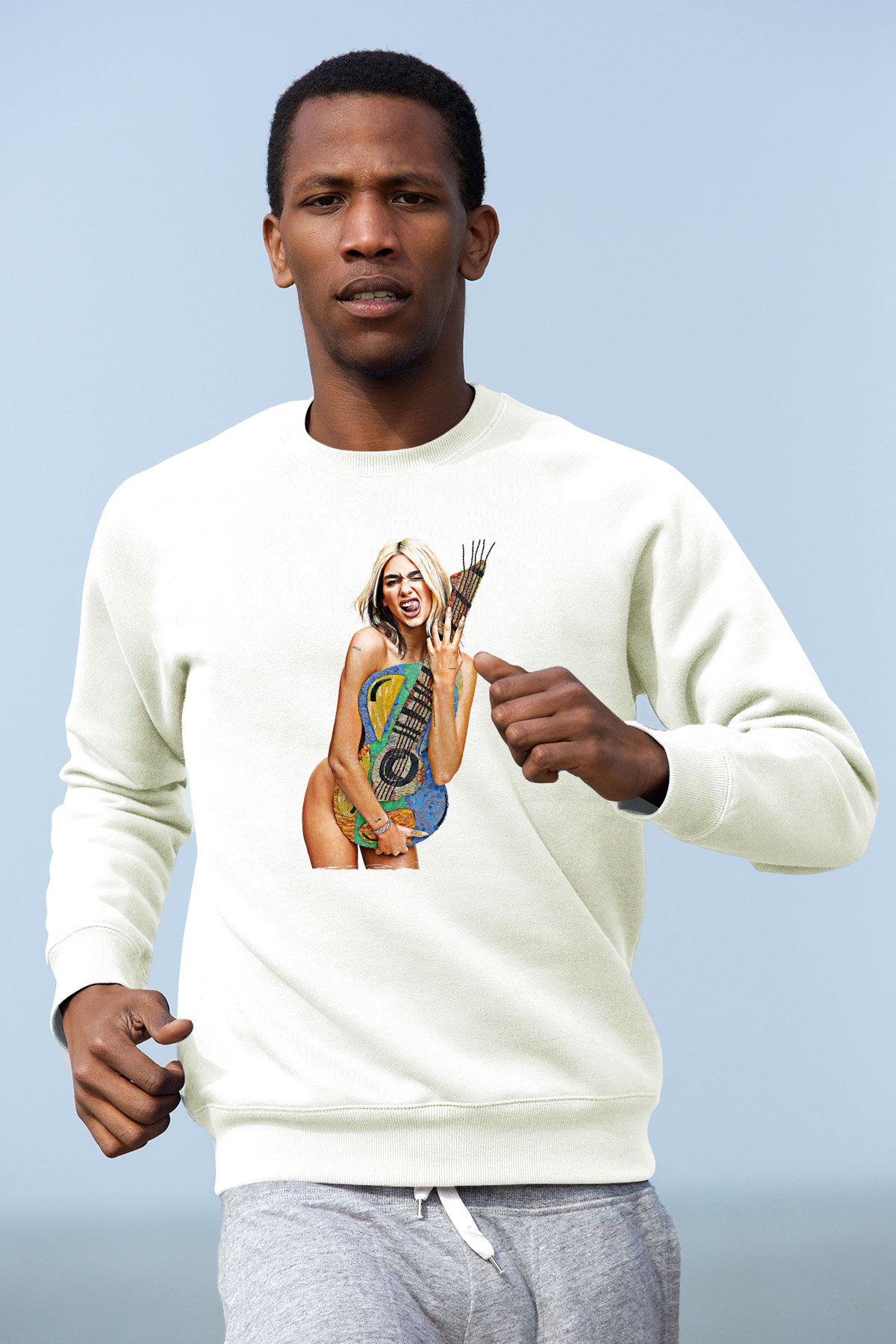 Dua Lipa Baskılı Beyaz Unisex Sweatshirt