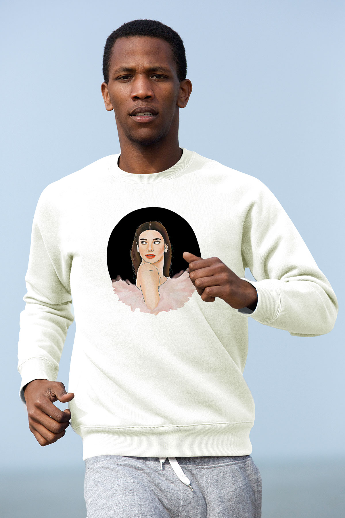 Dua Lipa Baskılı Beyaz Unisex Sweatshirt
