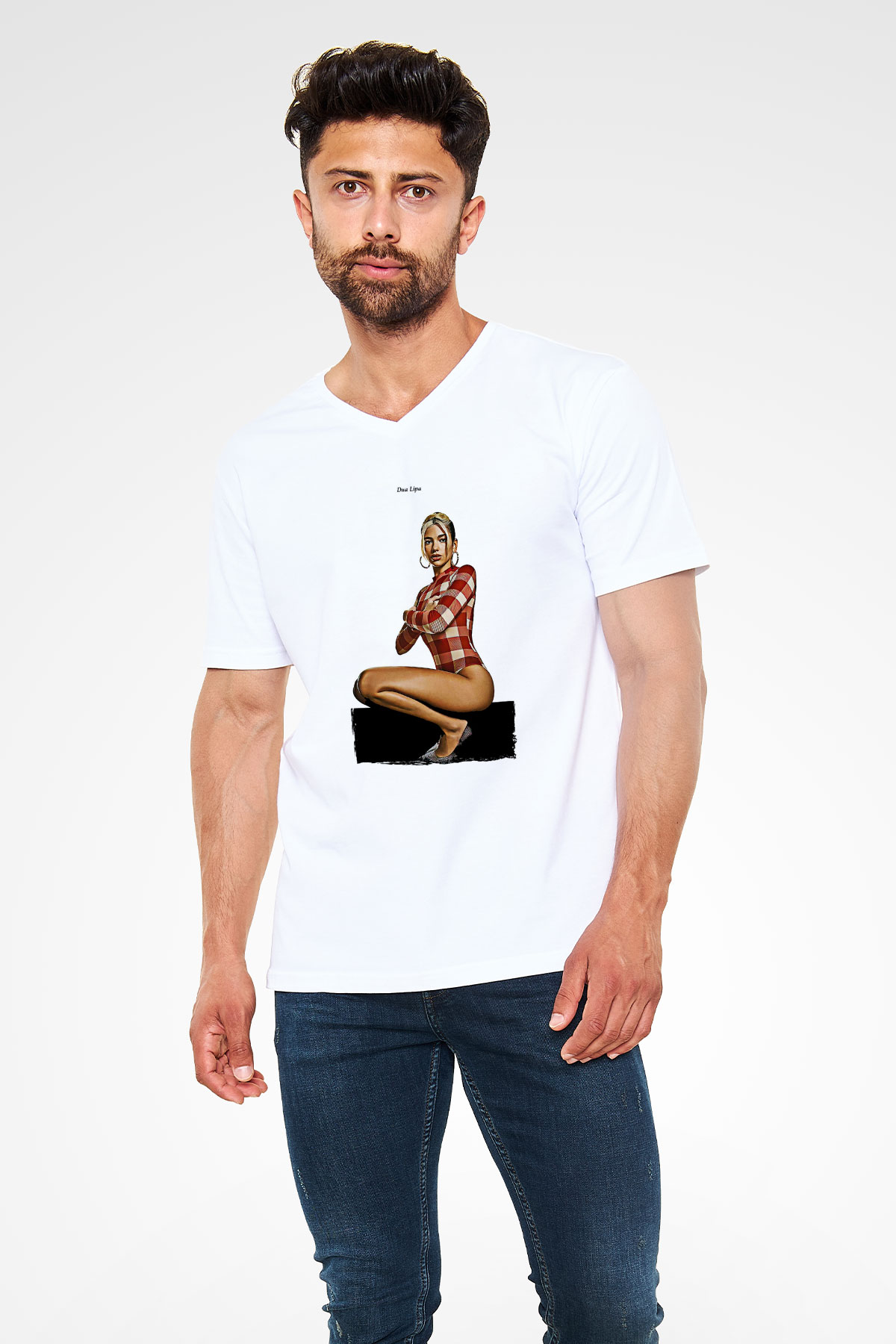 Dua Lipa Baskılı Beyaz Unisex V Yaka Tişört - Tshirt