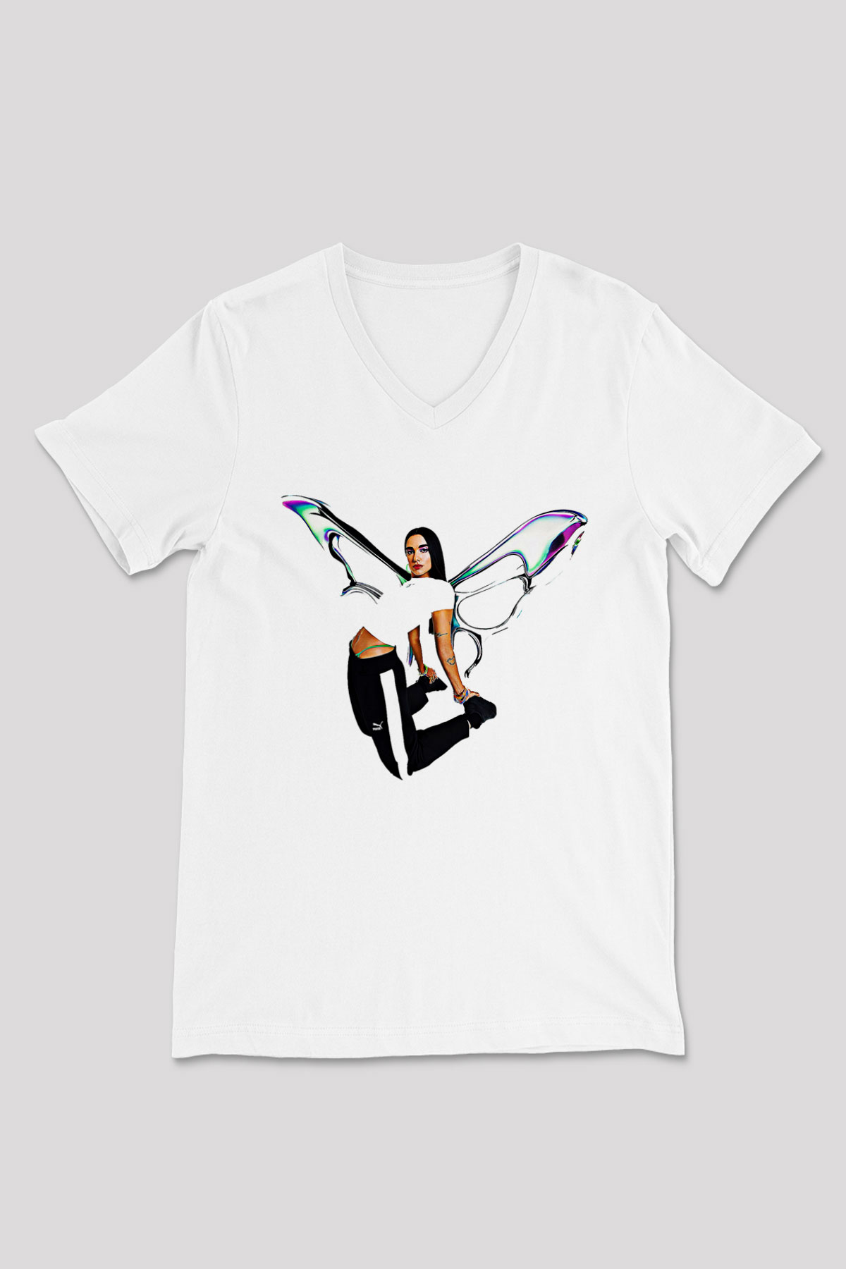 Dua Lipa Baskılı Beyaz Unisex V Yaka Tişört - Tshirt