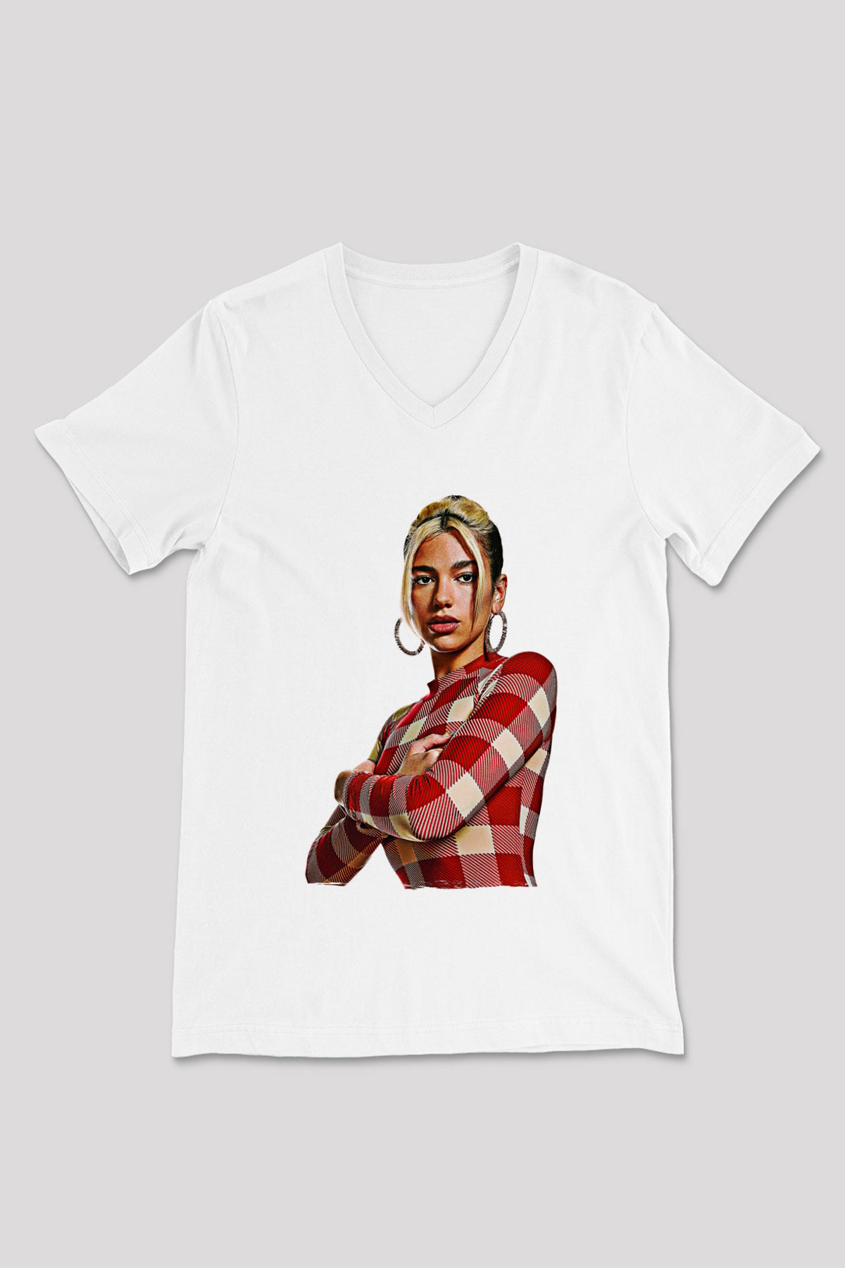 Dua Lipa Baskılı Beyaz Unisex V Yaka Tişört - Tshirt
