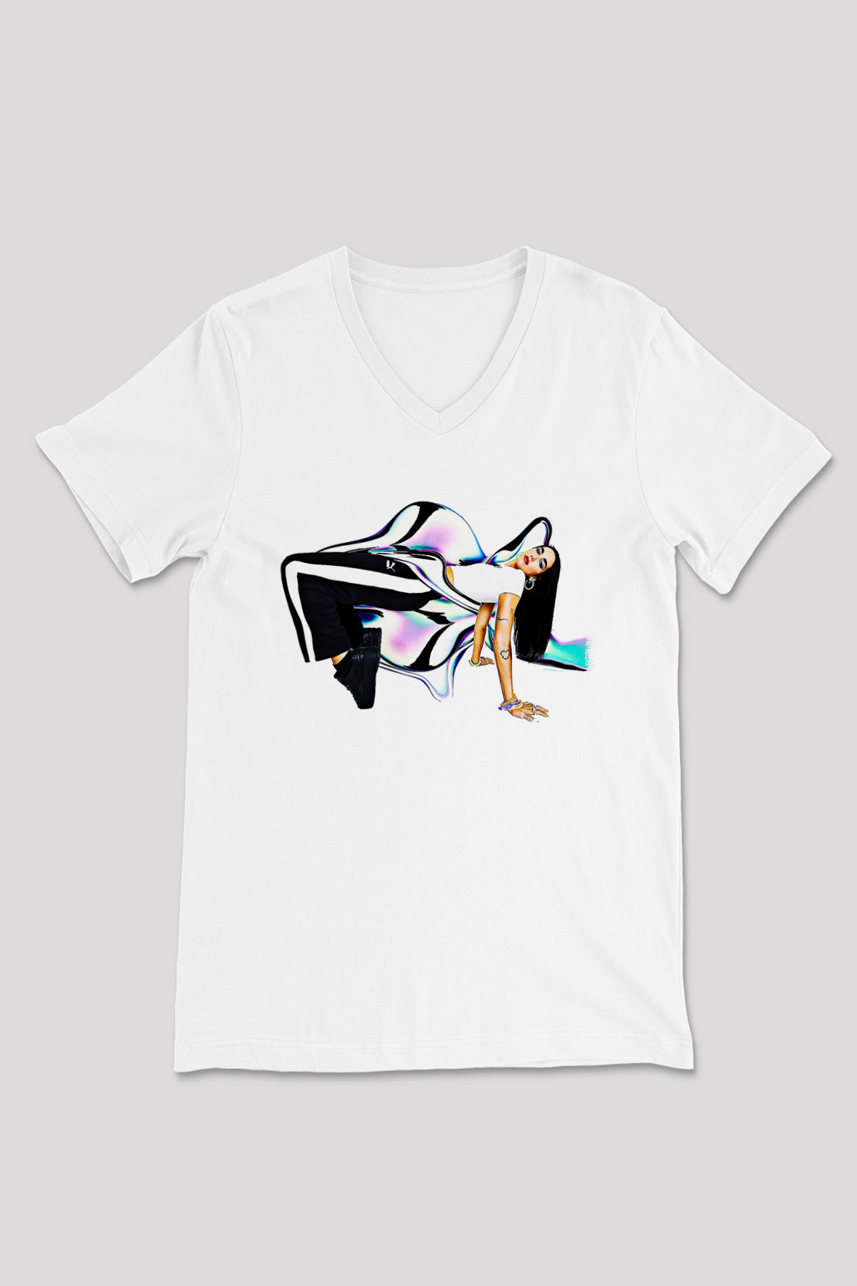 Dua Lipa Baskılı Beyaz Unisex V Yaka Tişört - Tshirt