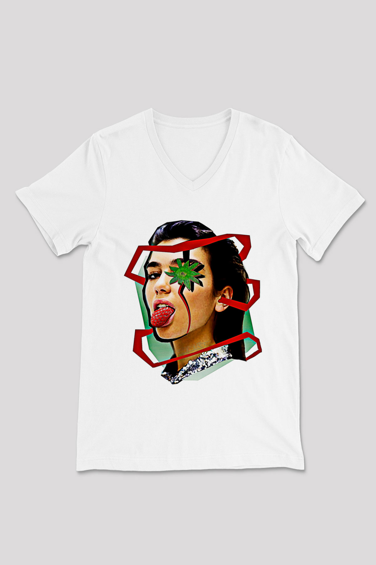 Dua Lipa Baskılı Beyaz Unisex V Yaka Tişört - Tshirt