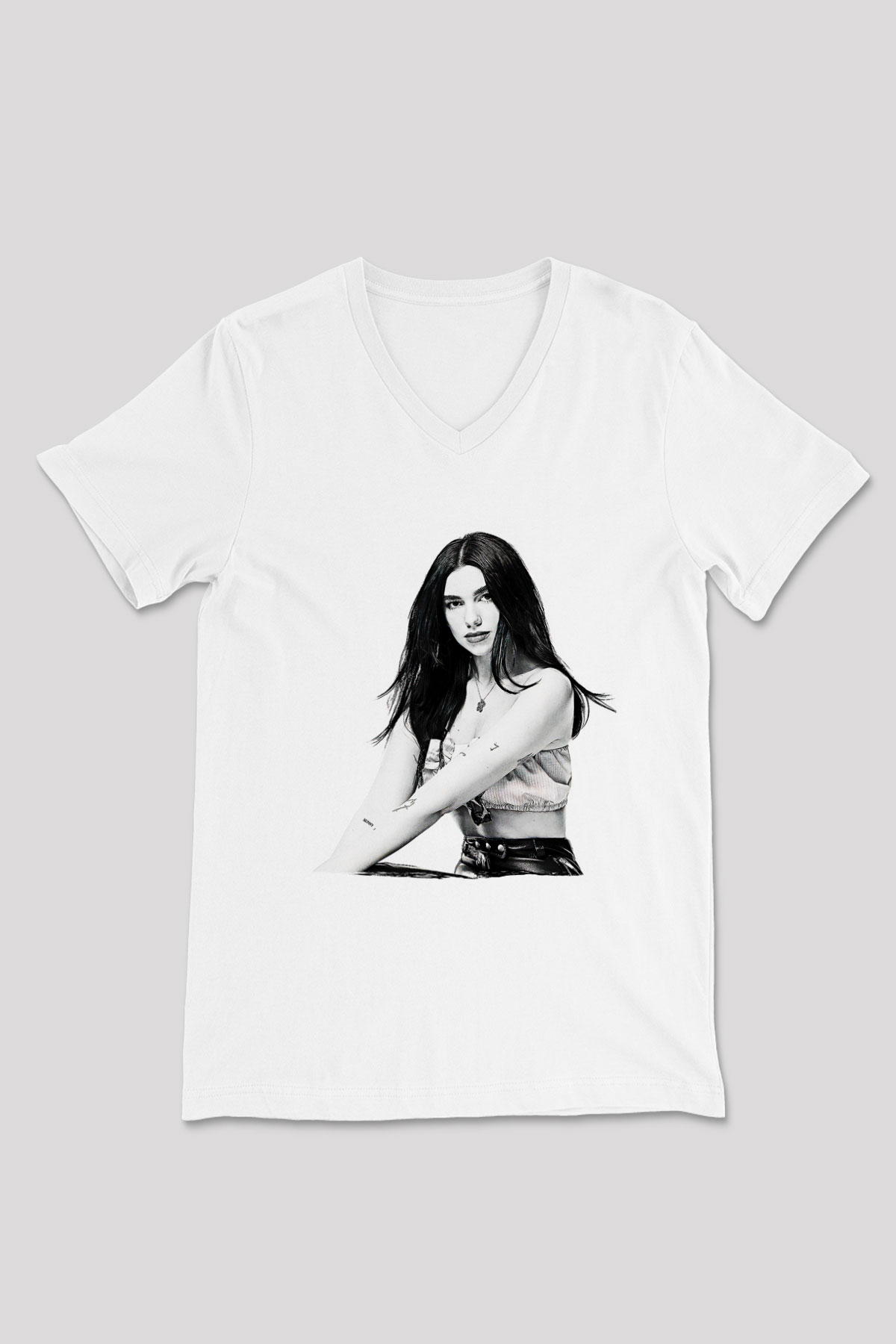 Dua Lipa Baskılı Beyaz Unisex V Yaka Tişört - Tshirt