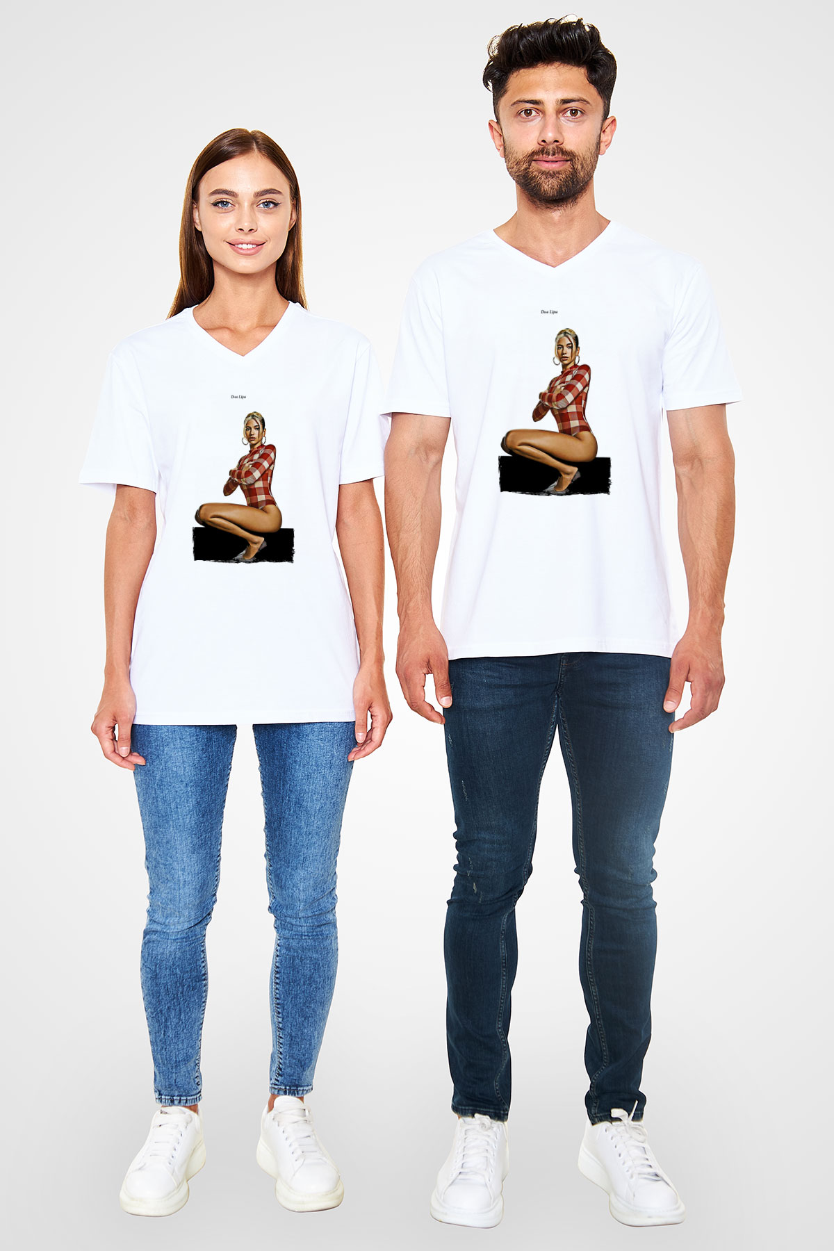 Dua Lipa Baskılı Beyaz Unisex V Yaka Tişört - Tshirt