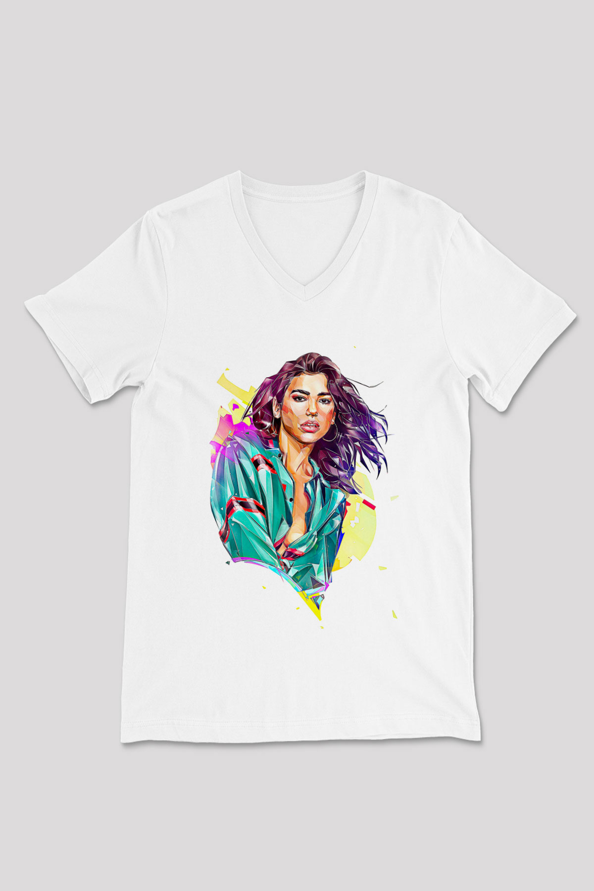 Dua Lipa Baskılı Beyaz Unisex V Yaka Tişört - Tshirt