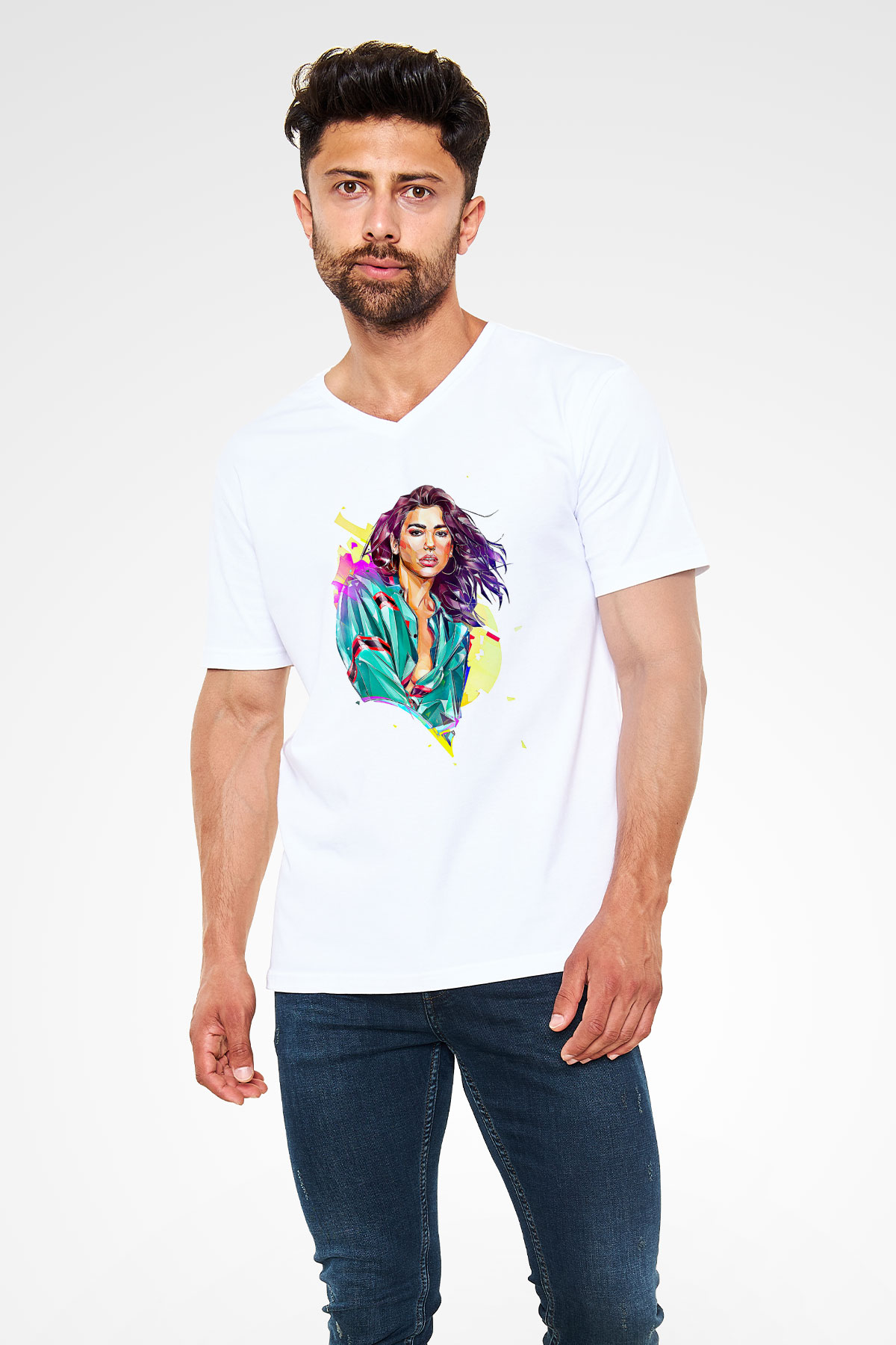 Dua Lipa Baskılı Beyaz Unisex V Yaka Tişört - Tshirt