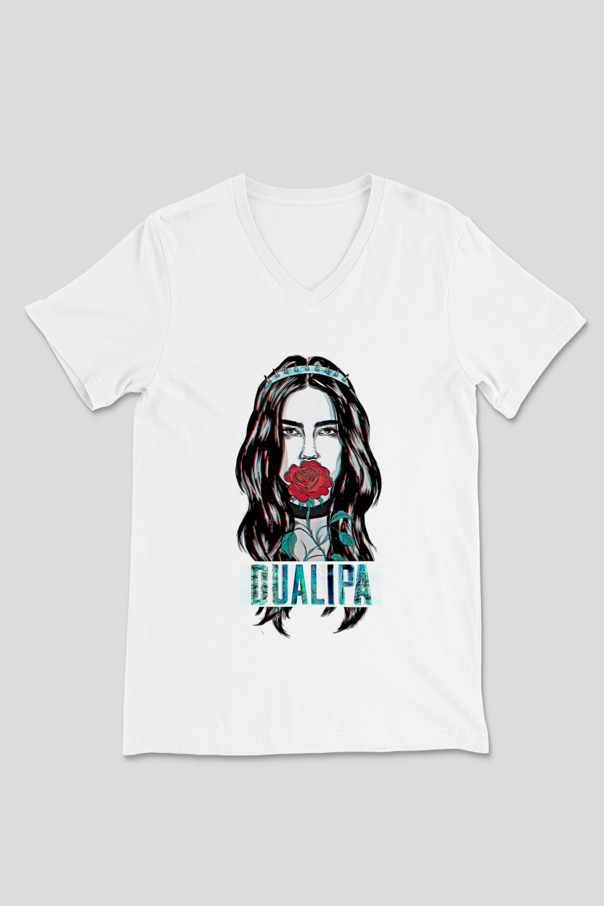 Dua Lipa Baskılı Beyaz Unisex V Yaka Tişört - Tshirt