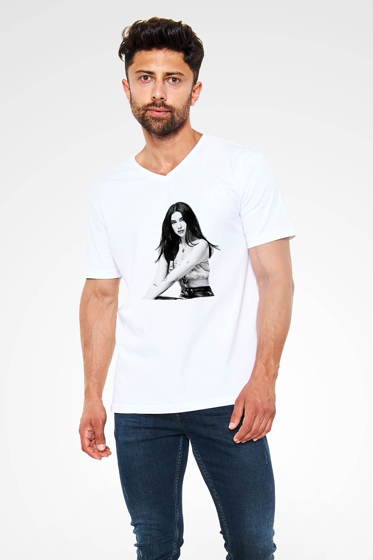 Dua Lipa Baskılı Beyaz Unisex V Yaka Tişört - Tshirt