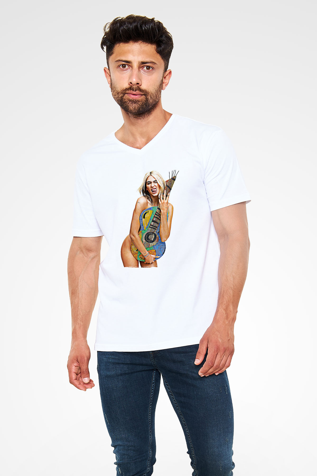 Dua Lipa Baskılı Beyaz Unisex V Yaka Tişört - Tshirt