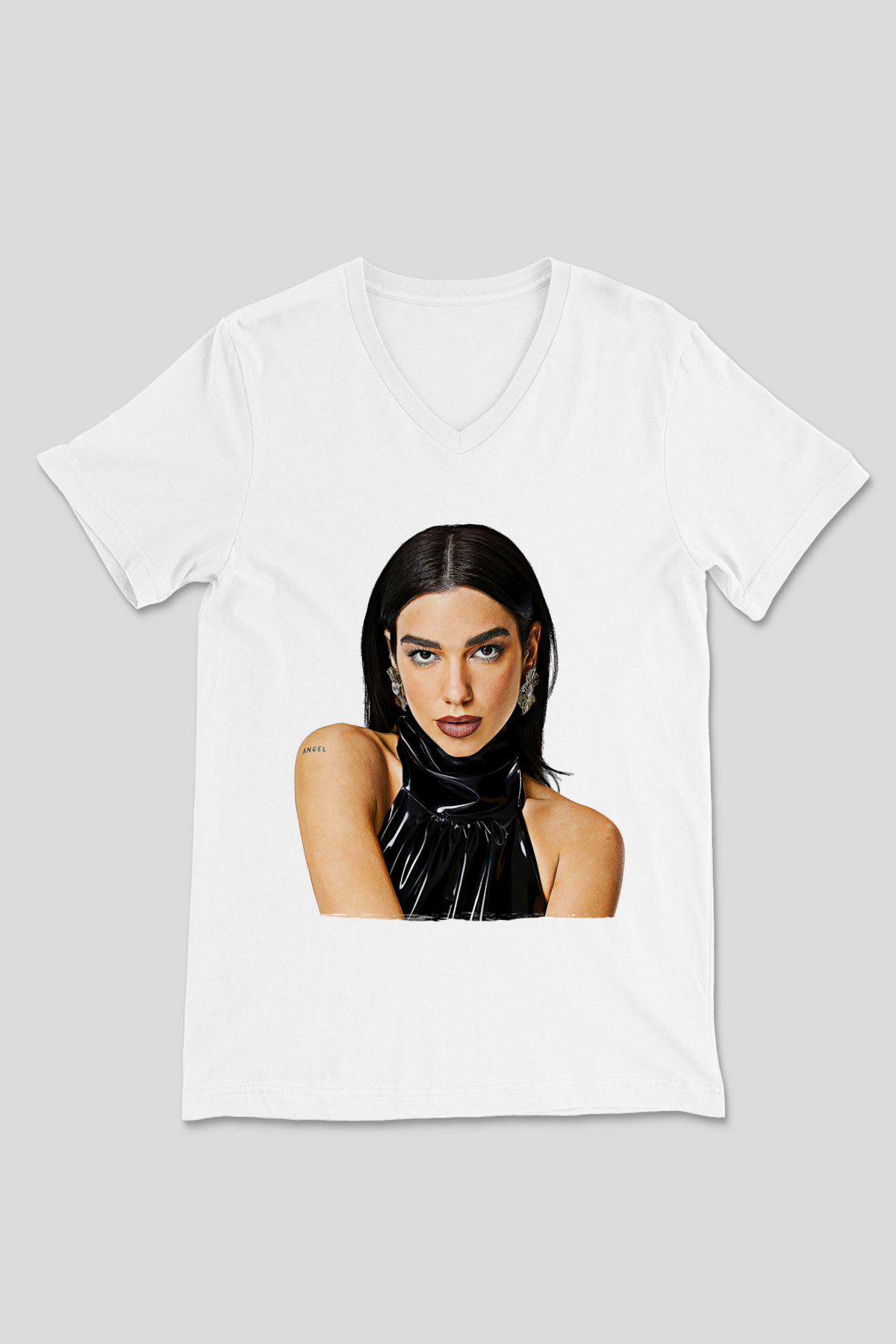 Dua Lipa Baskılı Beyaz Unisex V Yaka Tişört - Tshirt