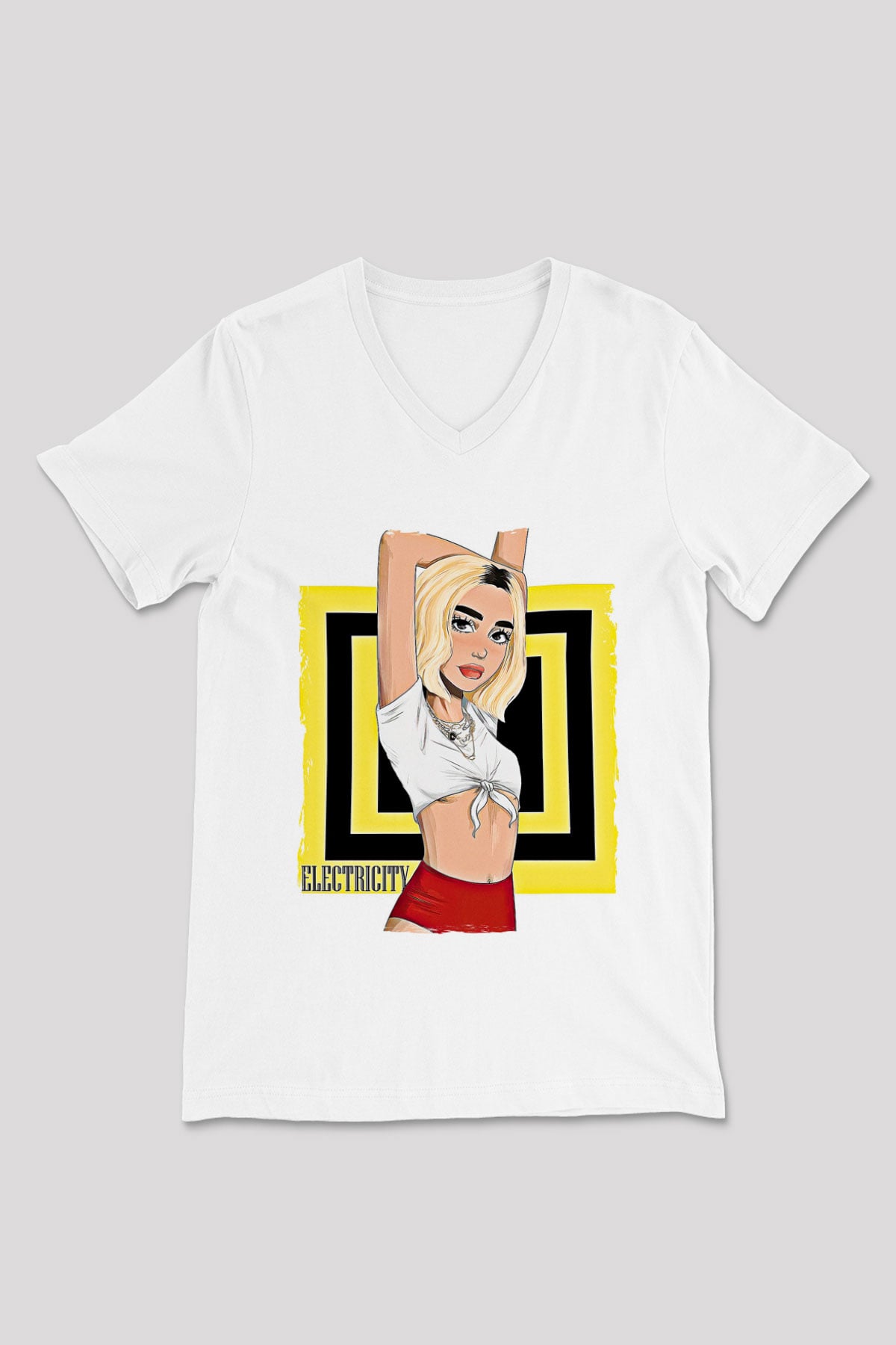 Dua Lipa Baskılı Beyaz Unisex V Yaka Tişört - Tshirt