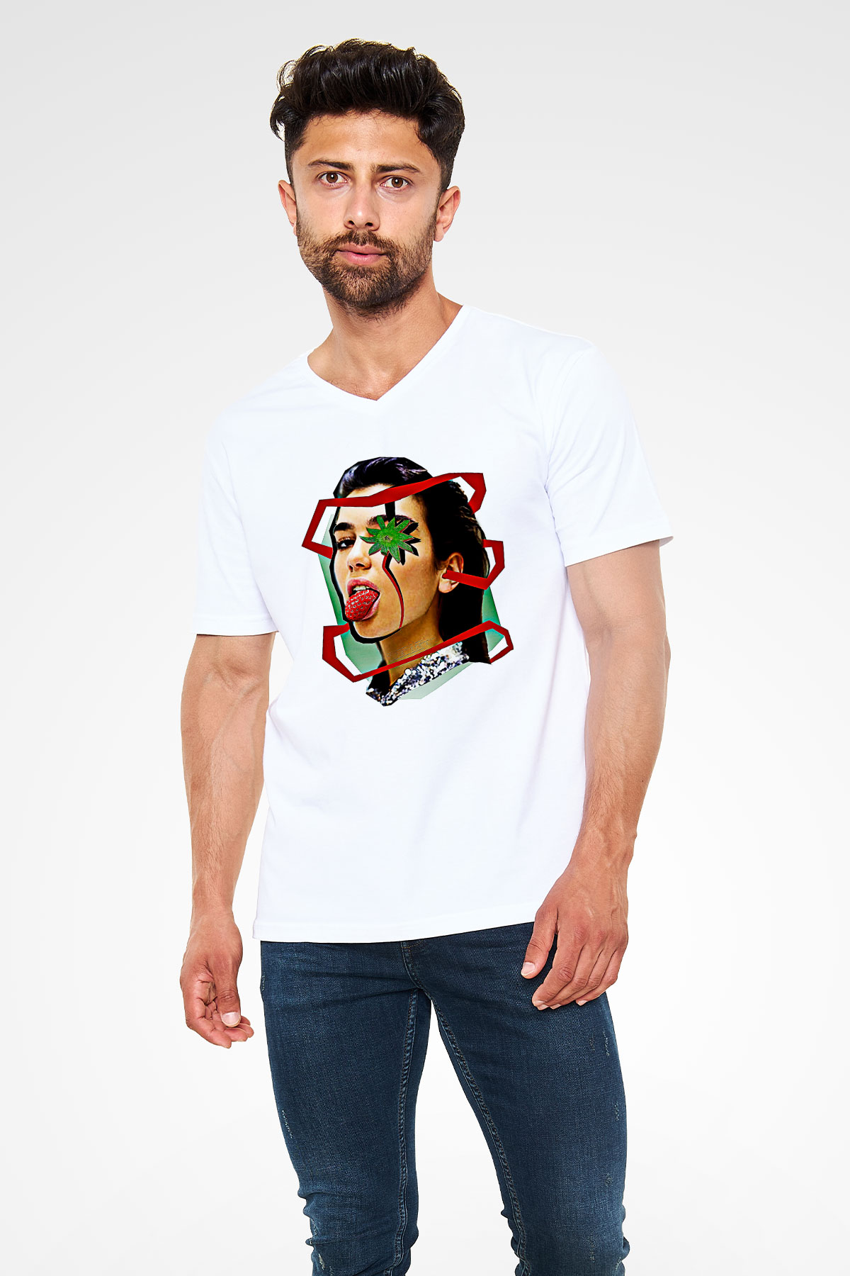 Dua Lipa Baskılı Beyaz Unisex V Yaka Tişört - Tshirt