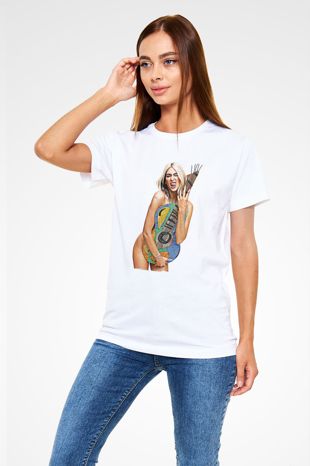 Dua Lipa Baskılı Unisex Beyaz Tişört - Tshirt