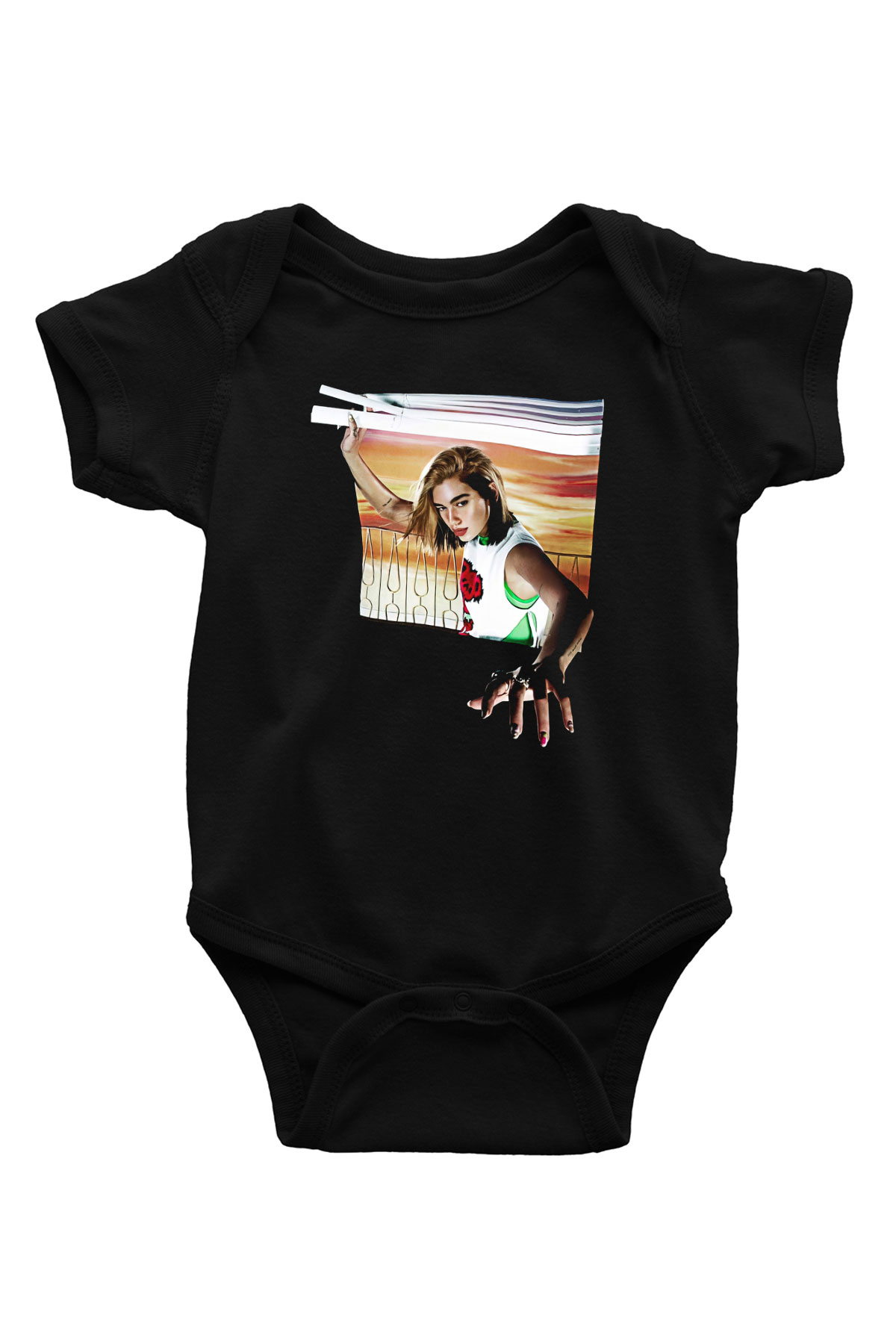 Dua Lipa Baskılı Unisex Siyah Bebek Body - Zıbın