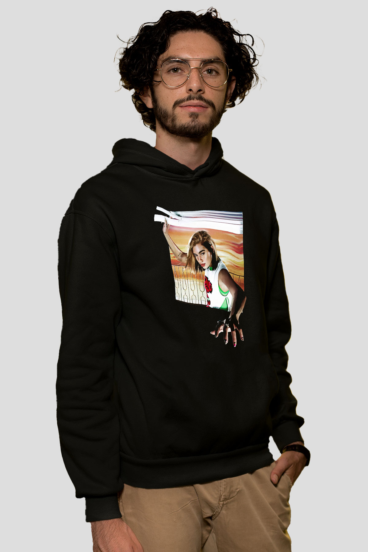 Dua Lipa Baskılı Unisex Siyah Hoodie