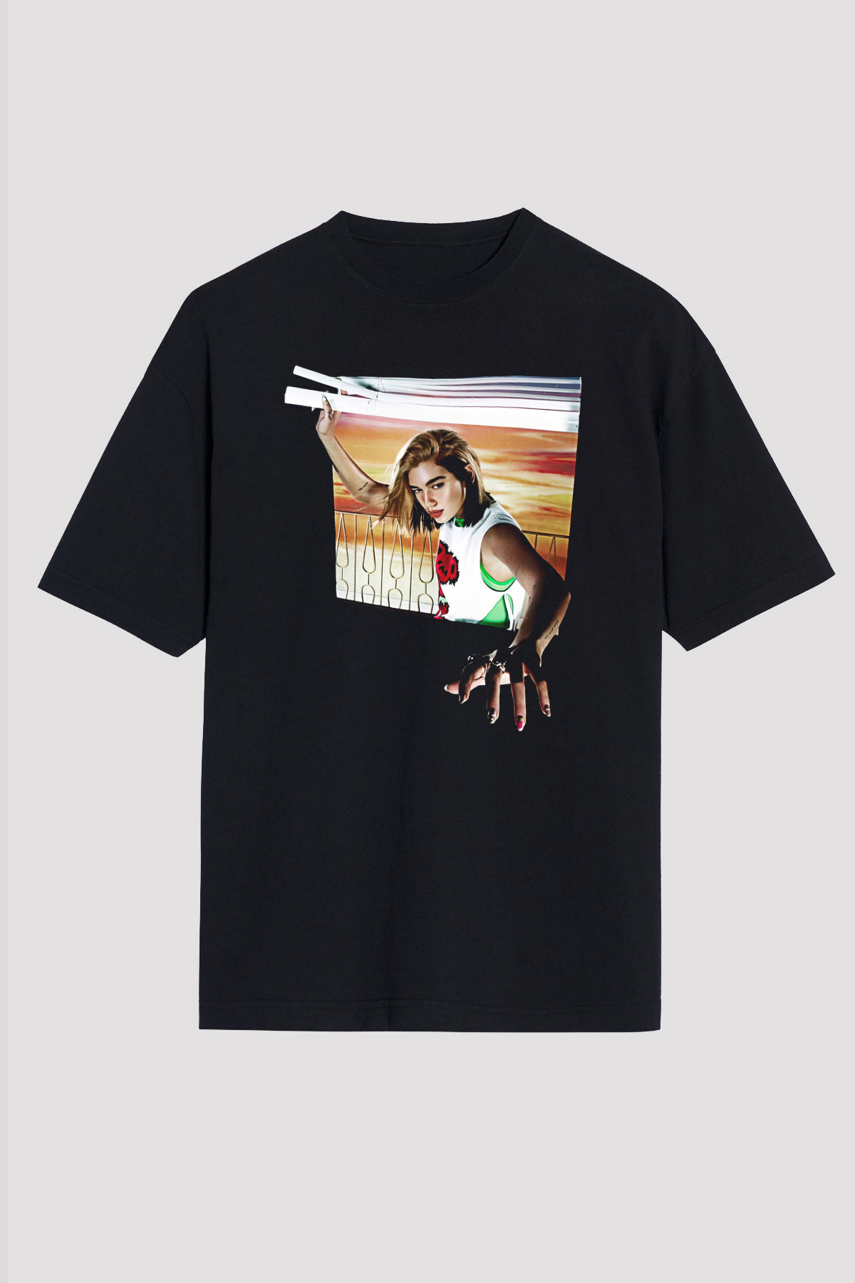 Dua Lipa Baskılı Unisex Siyah Oversize Tişört - Tshirt