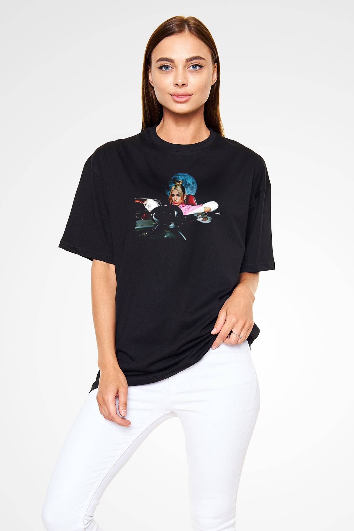 Dua Lipa Baskılı Unisex Siyah Oversize Tişört - Tshirt