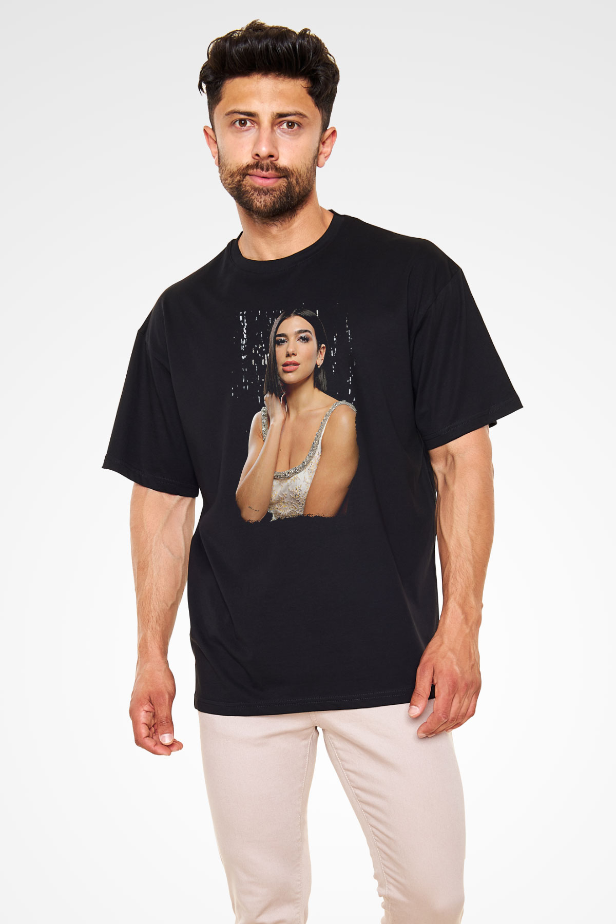 Dua Lipa Baskılı Unisex Siyah Oversize Tişört - Tshirt