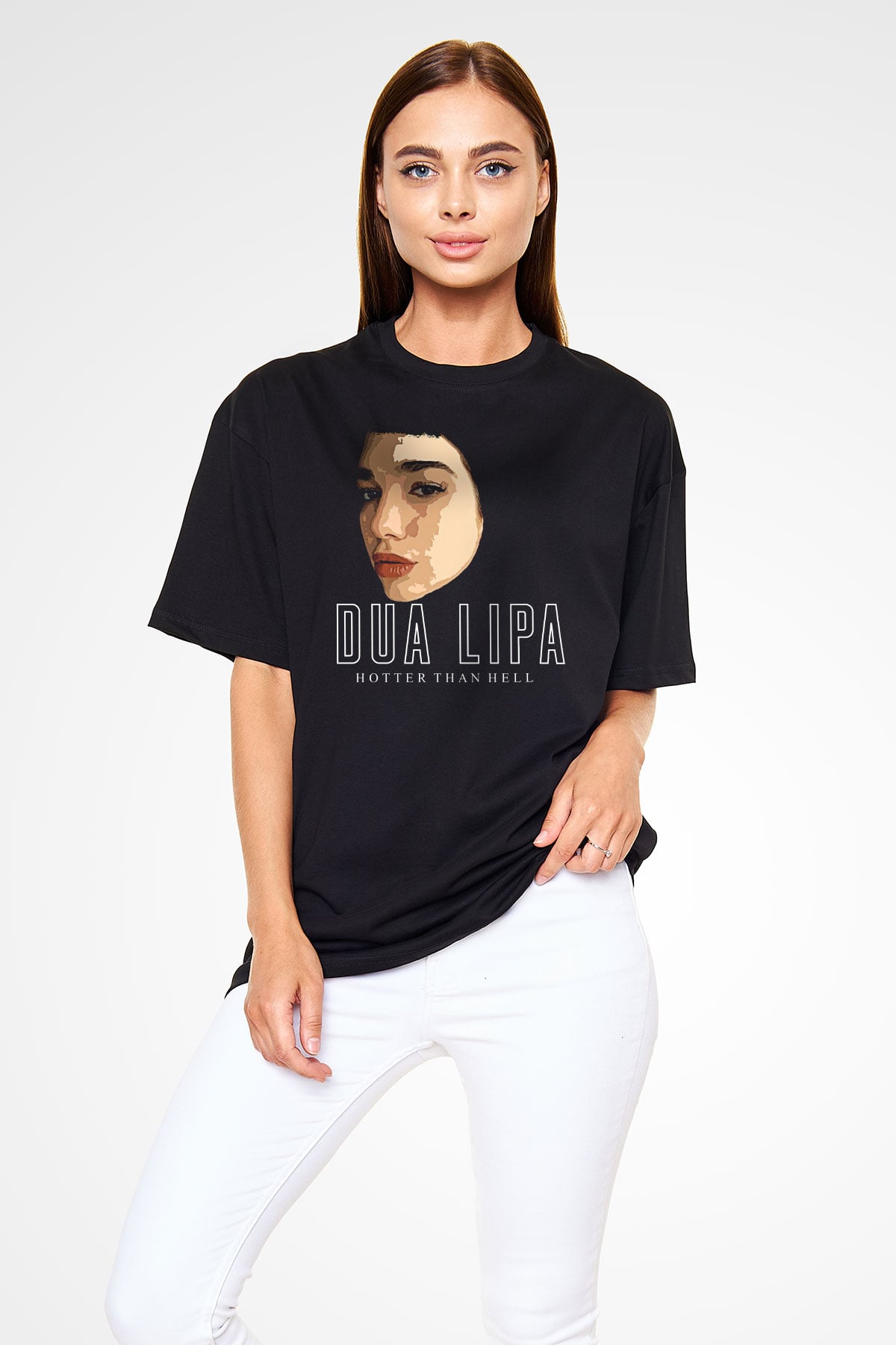 Dua Lipa Baskılı Unisex Siyah Oversize Tişört - Tshirt