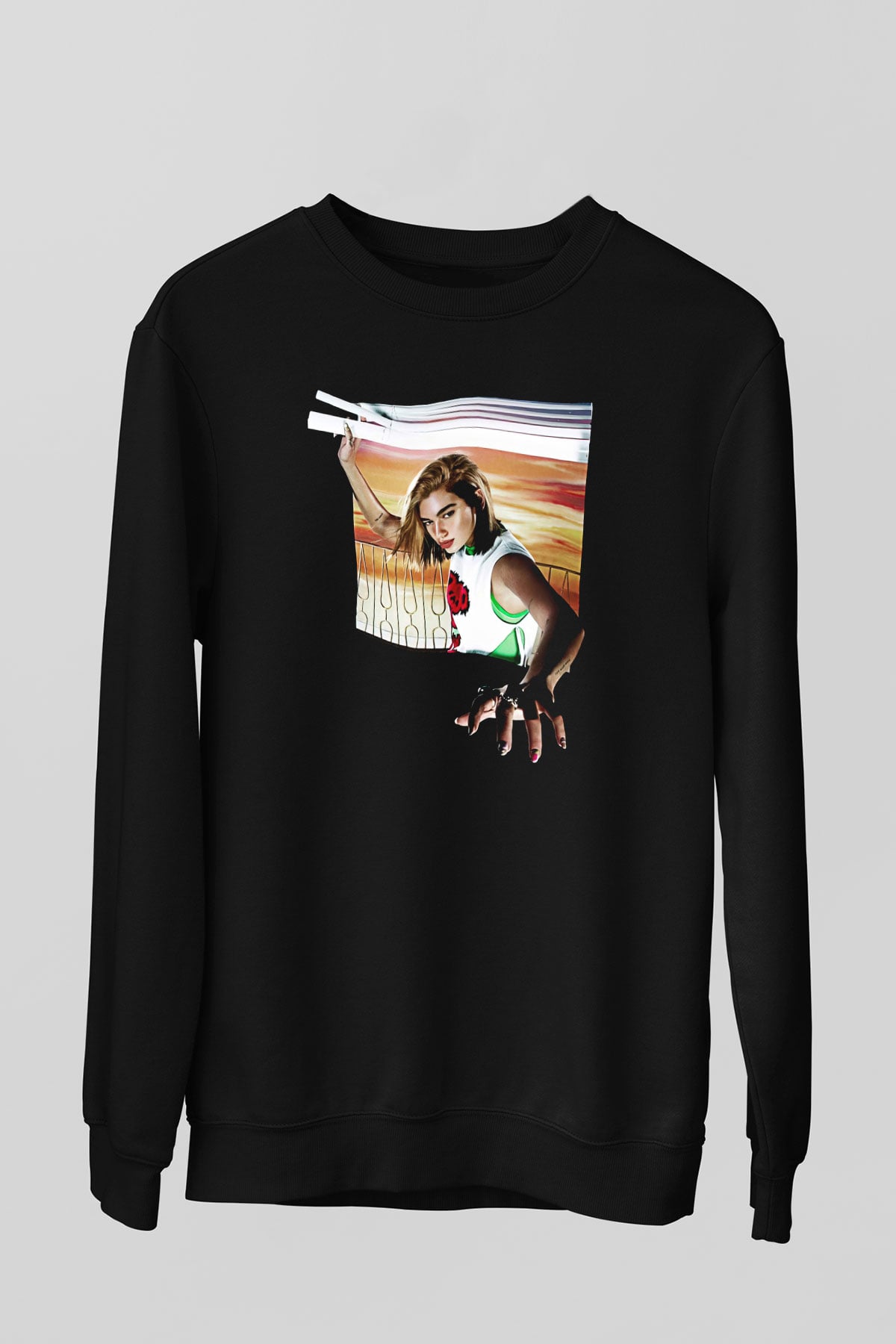 Dua Lipa Baskılı Unisex Siyah Sweatshirt