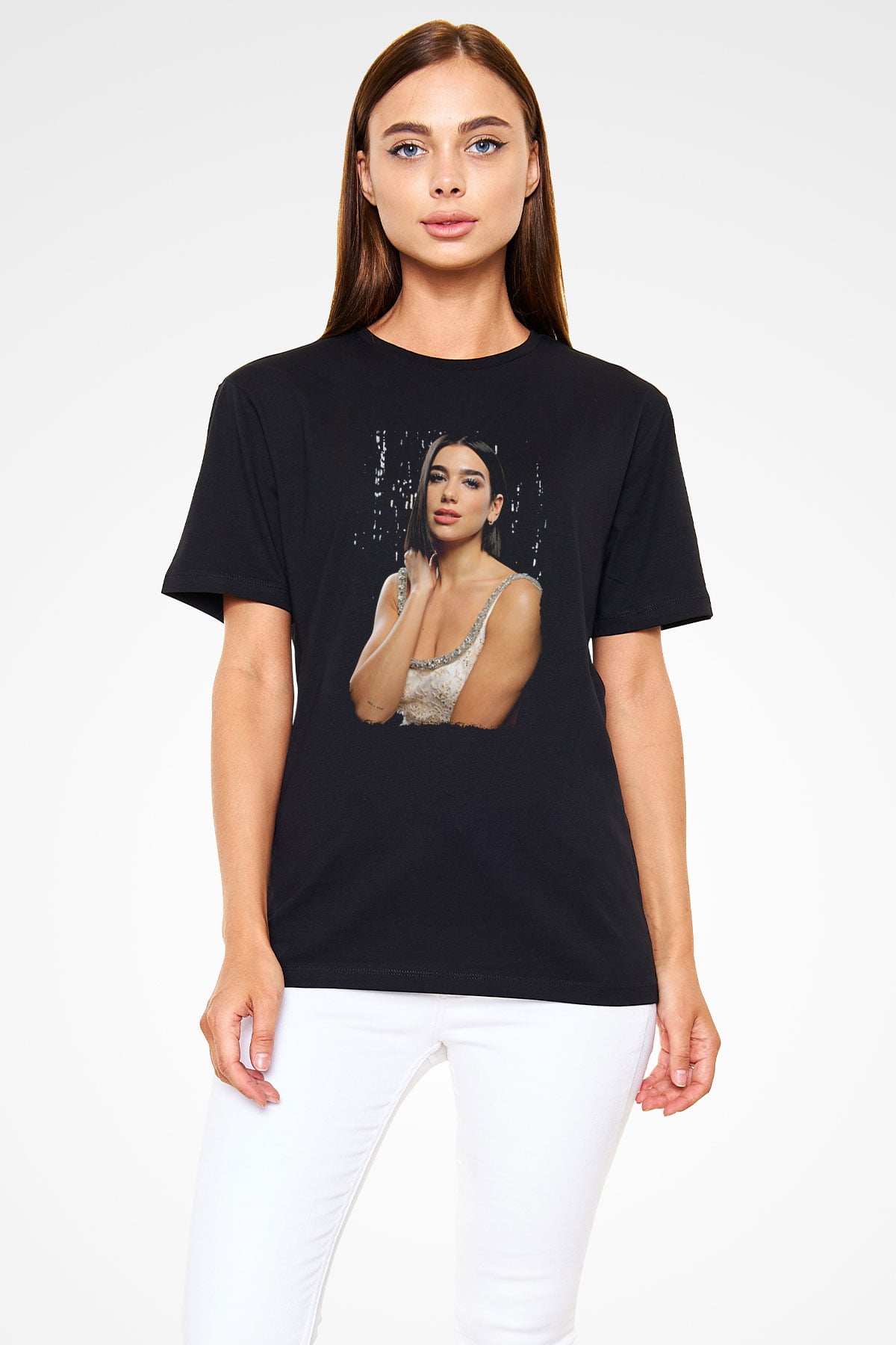 Dua Lipa Baskılı Unisex Siyah Tişört - Tshirt