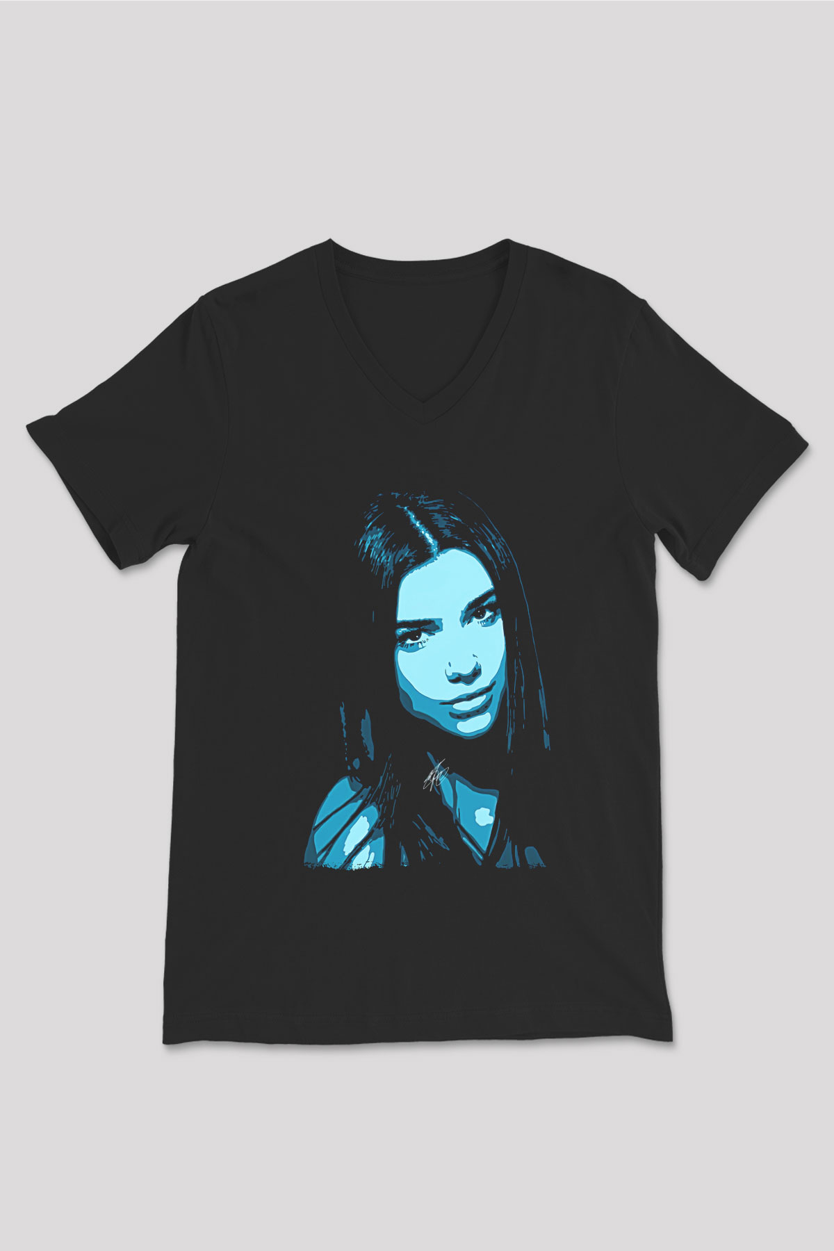 Dua Lipa Baskılı Unisex Siyah V Yaka Tişört - Tshirt